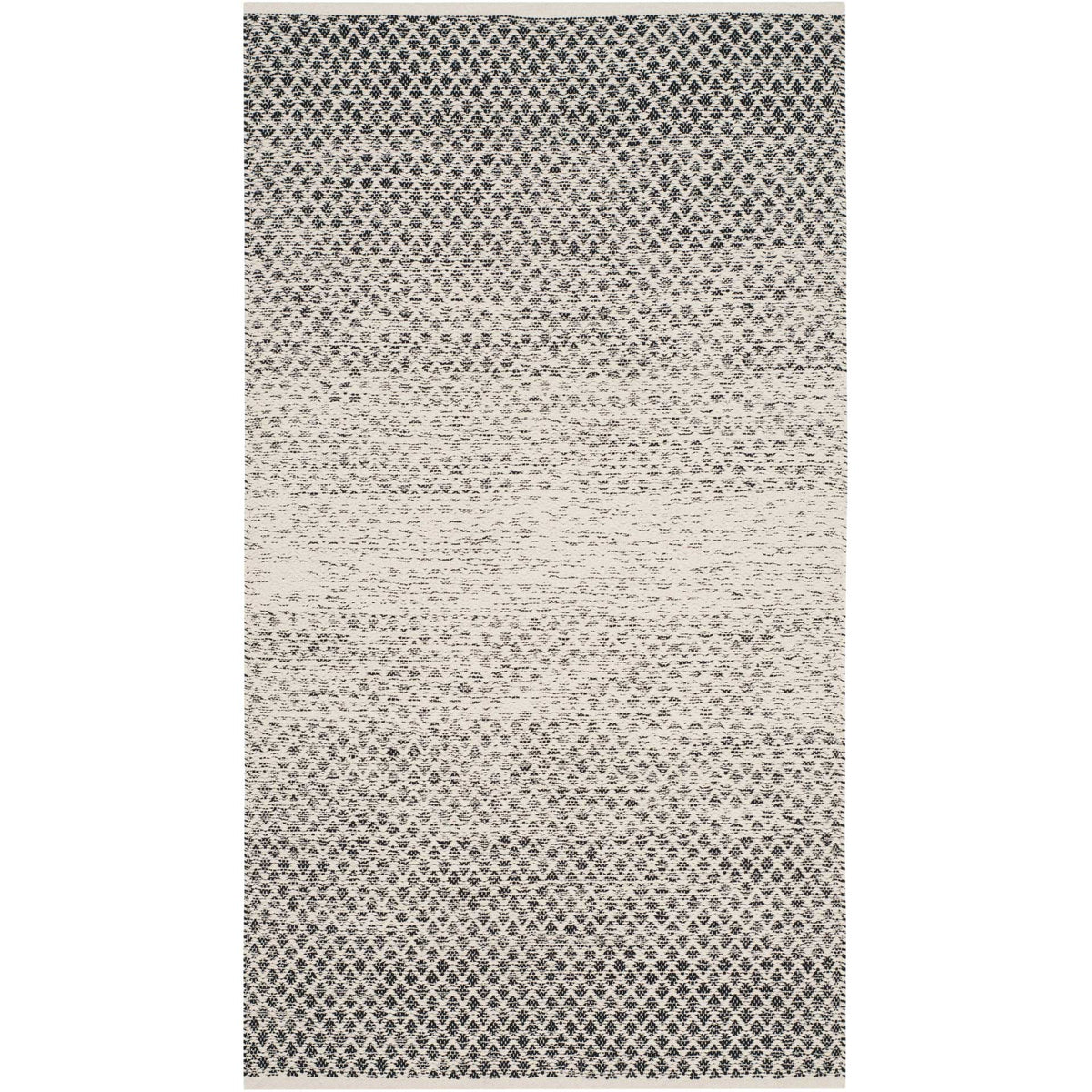 Small black and ivory area rug showcases dark woven diamonds easing toward an ivory center.