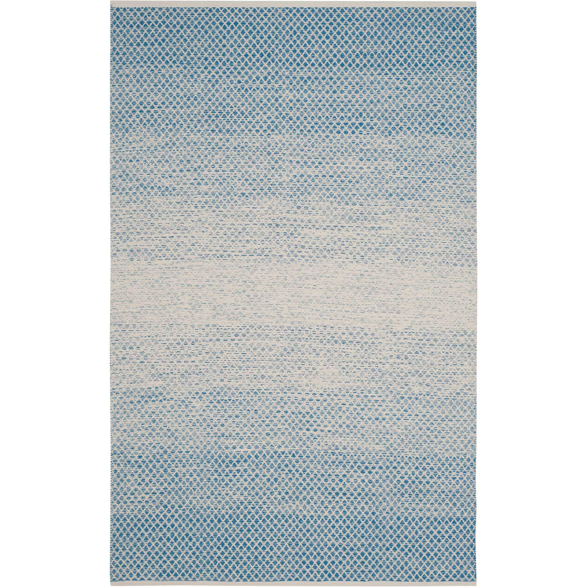 Blue geometric ends frame a pale ivory band on this handwoven cotton area rug.