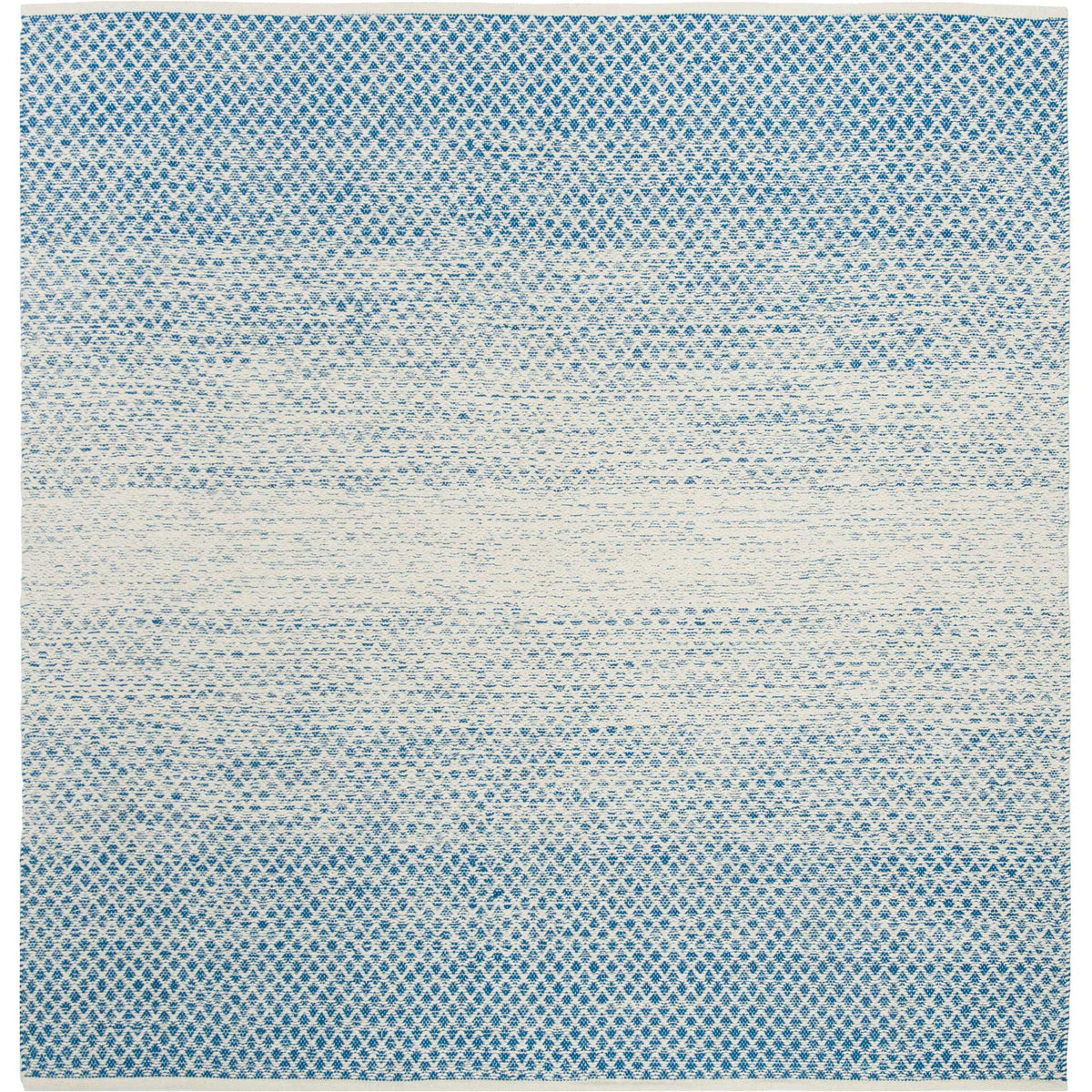 Square blue and ivory rug brings crisp diamond latticework and a gently faded center.