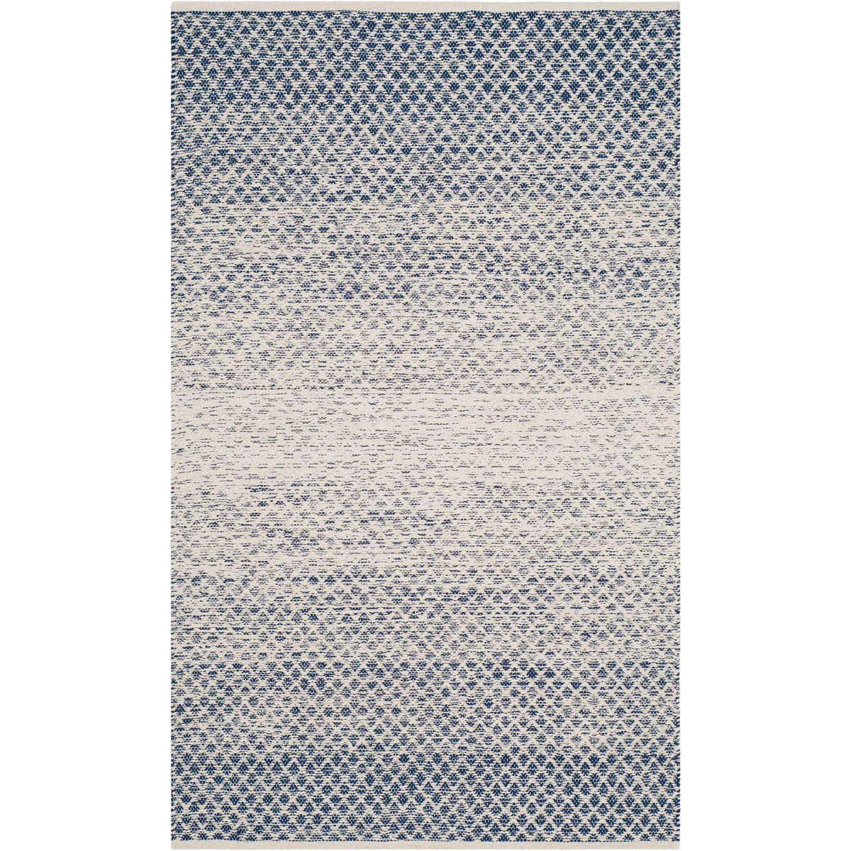 Compact navy and ivory rug carries fine diamonds from dark ends into a softly blended center.