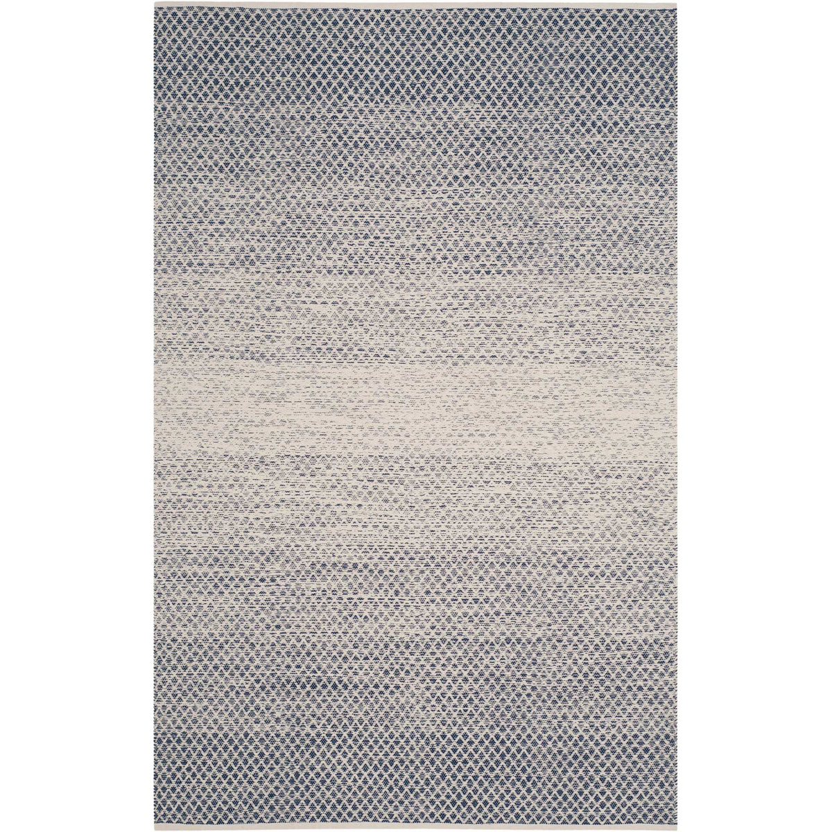 Handwoven navy and ivory cotton rug balances bold woven diamond ends and a soft central band.