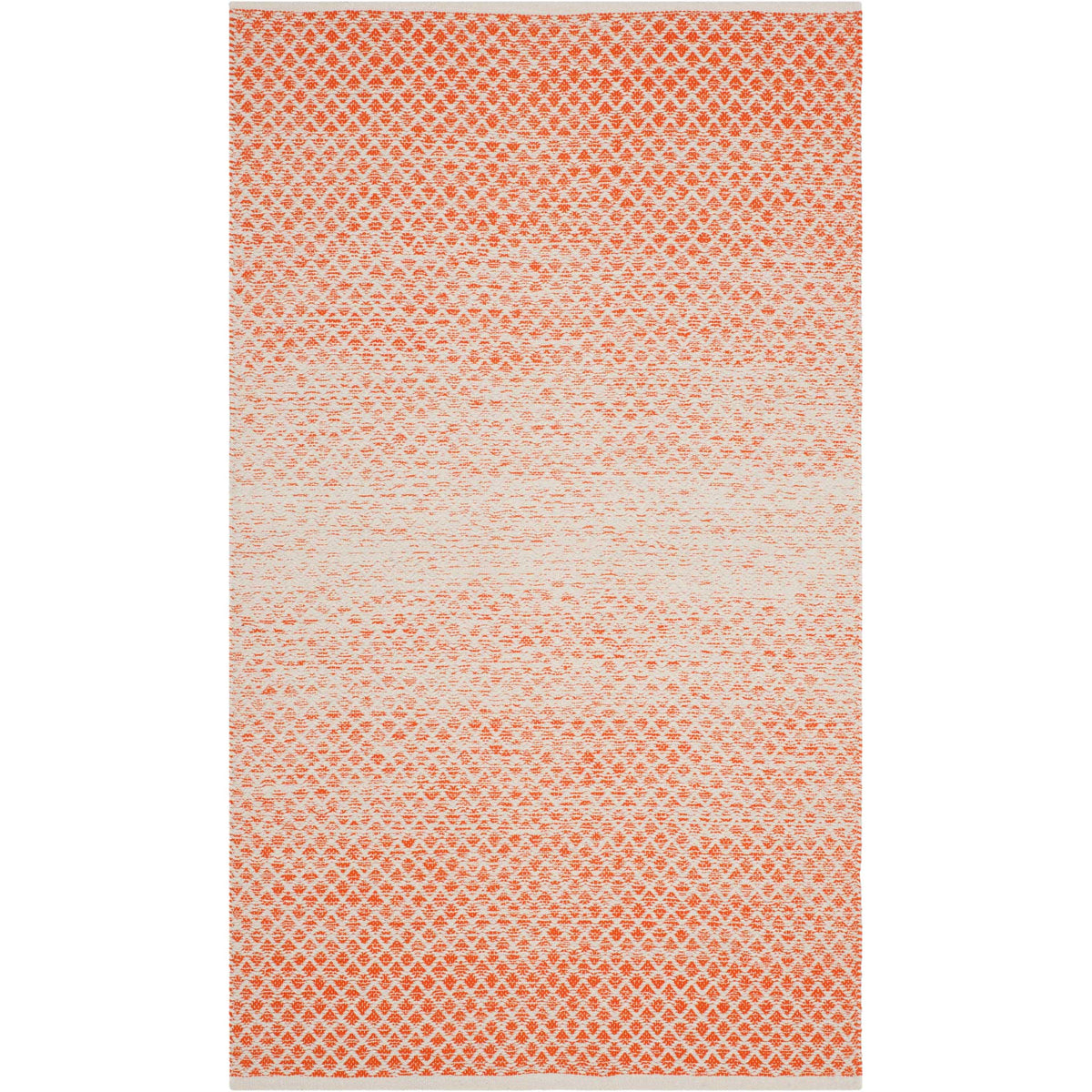Small orange and ivory rug delivers lively woven diamonds and a softened ivory middle.