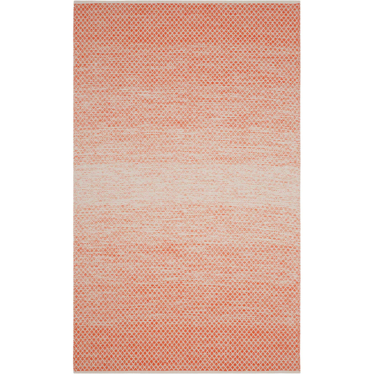 Vibrant orange diamond motifs frame a lightly blended ivory center on this cotton rug.