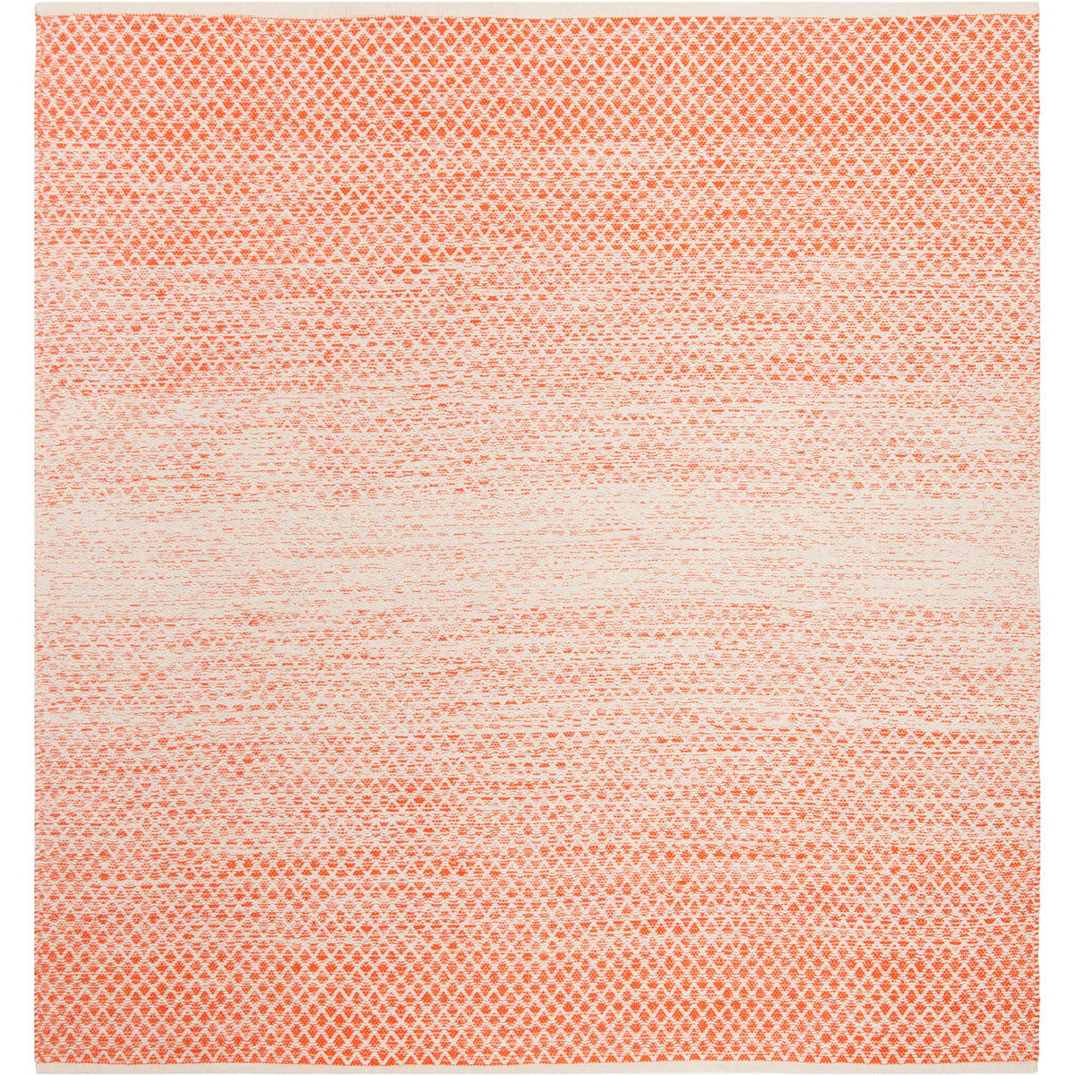 Square orange and ivory rug brightens the floor with geometric texture and a soft center.
