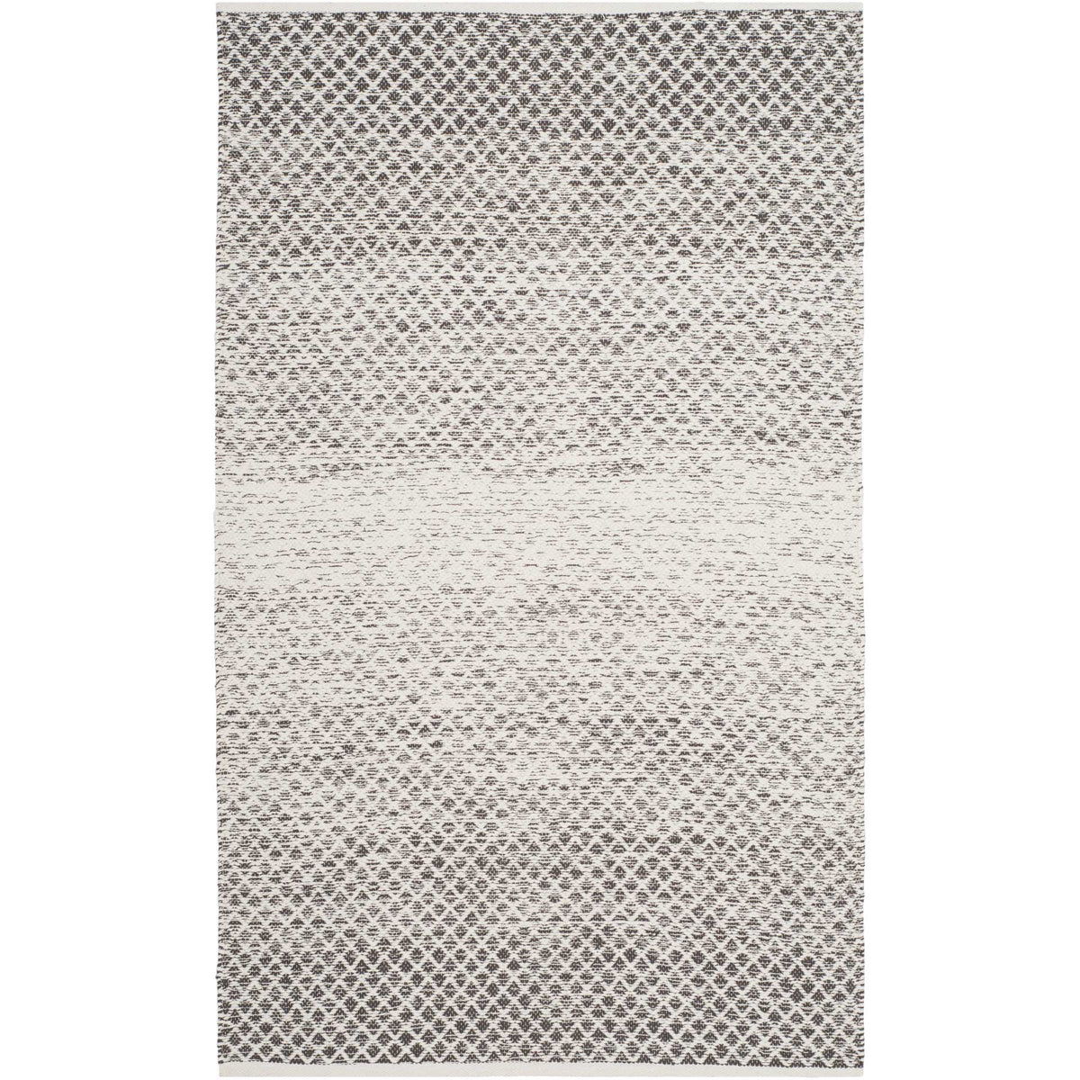 Small gray and ivory rug offers a woven diamond pattern that fades gently through the middle.