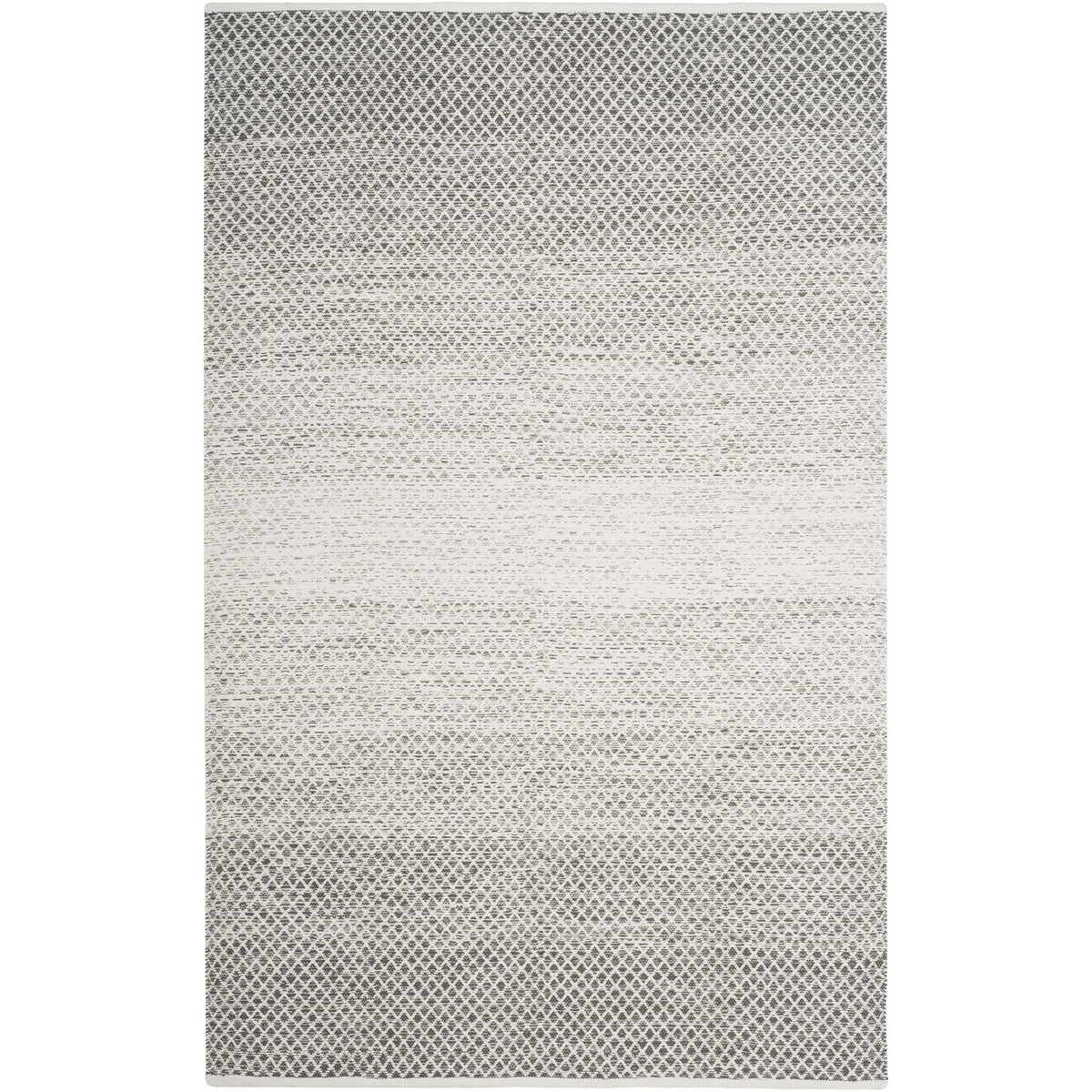 Handwoven gray and ivory cotton rug pairs dark geometric ends with an airy center.