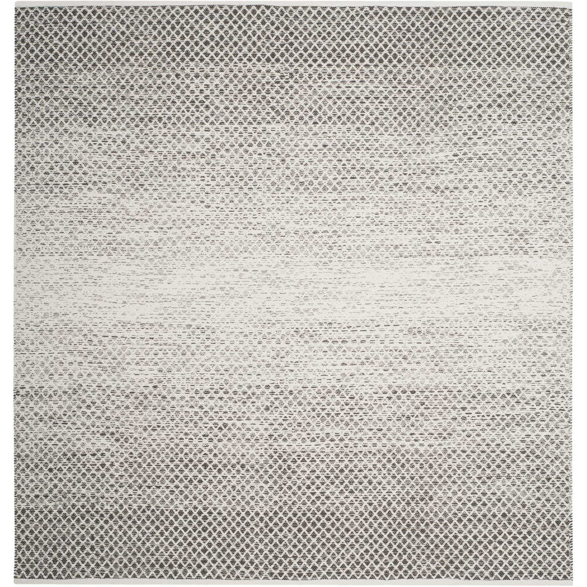 Square gray and ivory rug features fine diamond patterning around a soft ivory center.