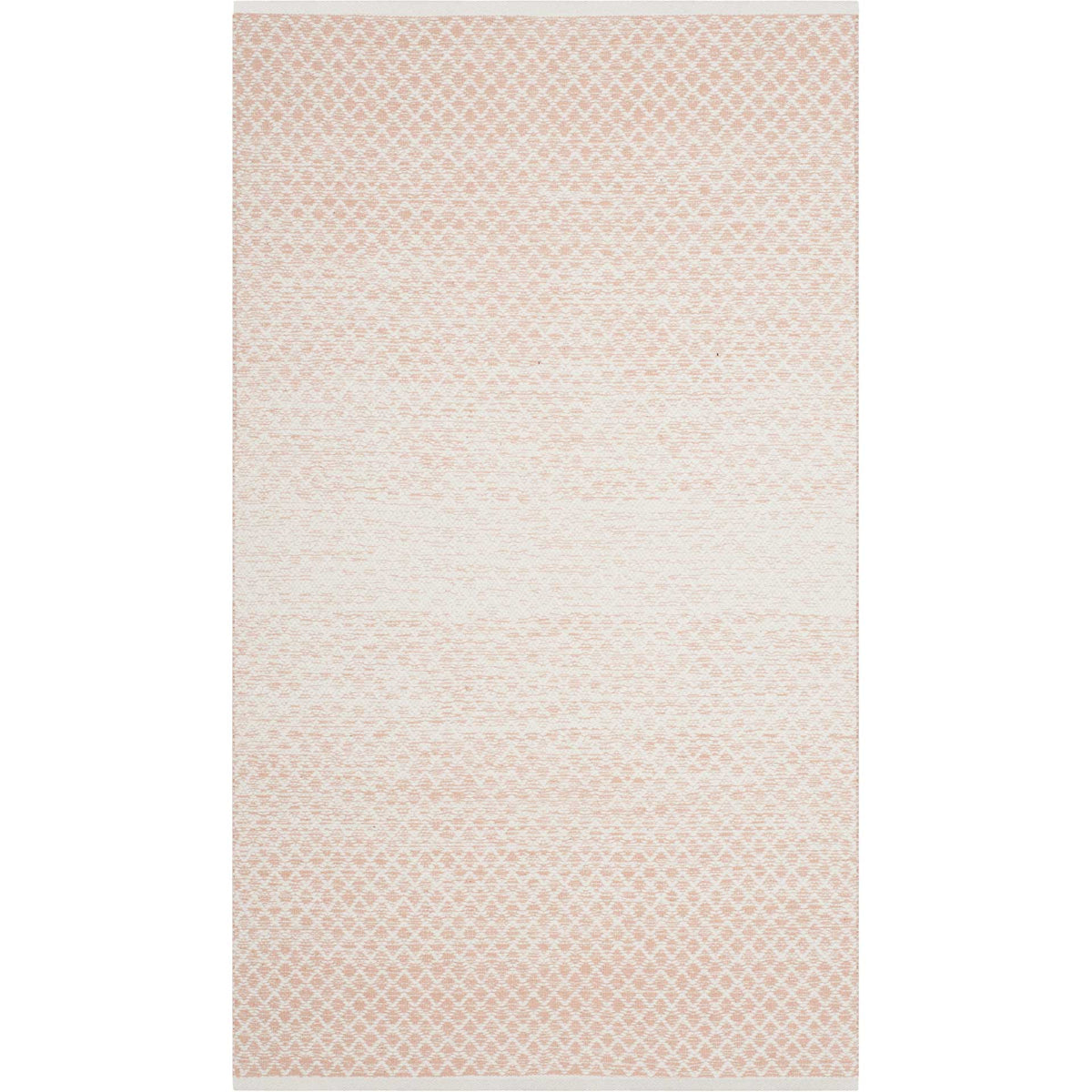 Compact beige and ivory rug brings delicate woven diamonds and a light central band to smaller spaces.