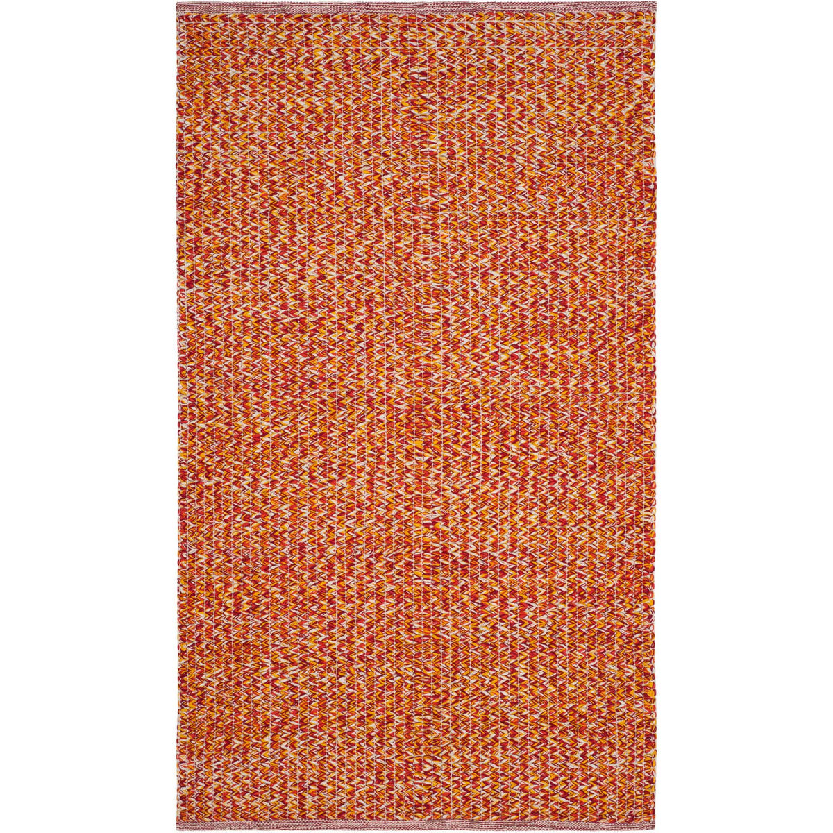 Compact orange rug brings warmth with its colorful interwoven cotton strands