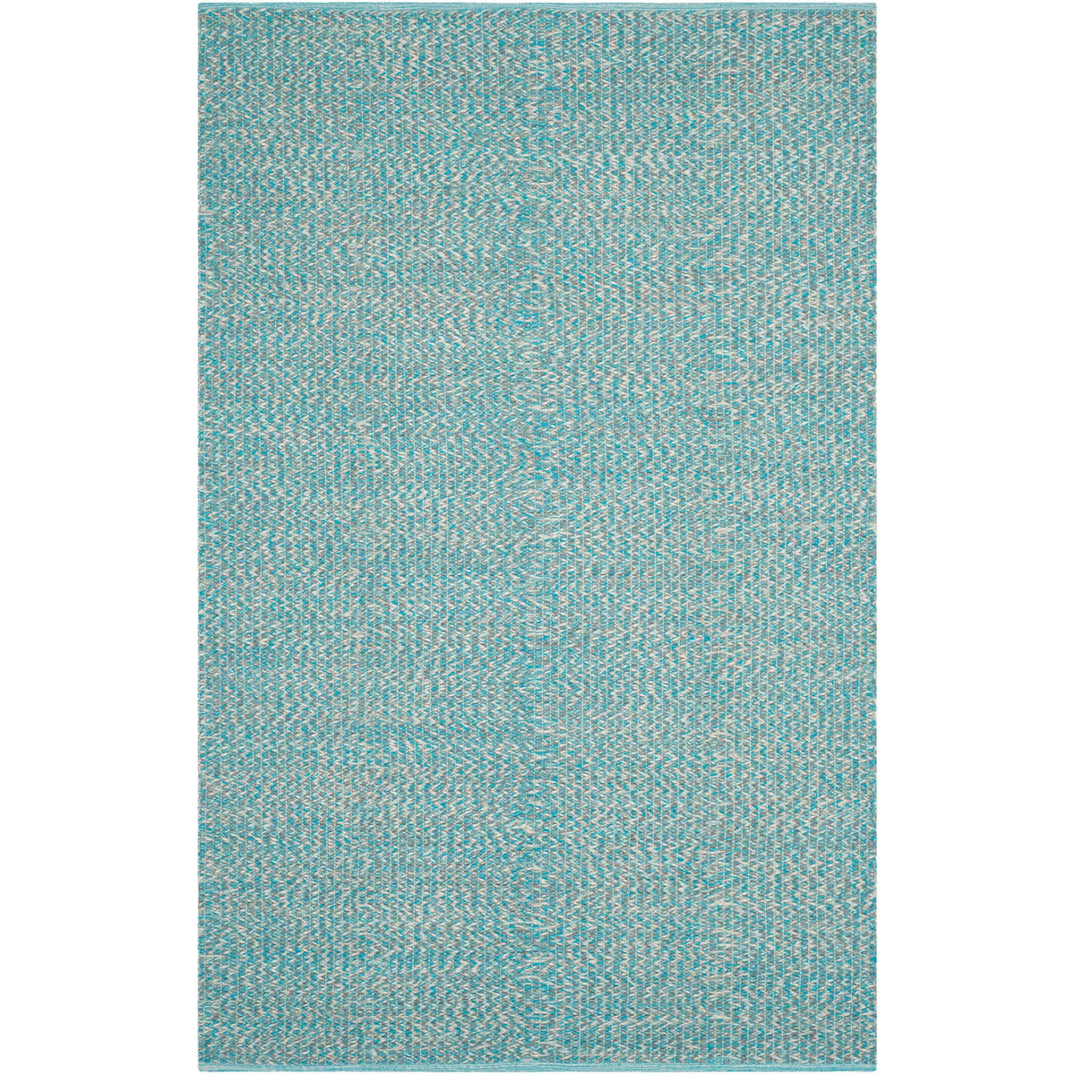 Compact turquoise area rug features finely interwoven colors and a tidy rectangular shape
