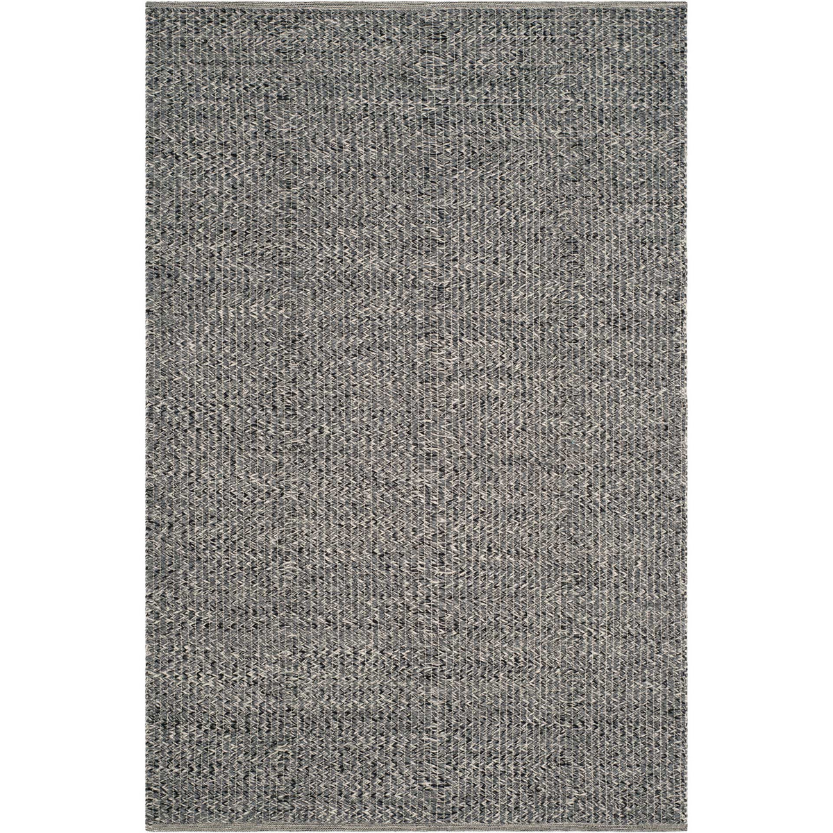 Compact gray area rug features finely interwoven tones and a simple, versatile design
