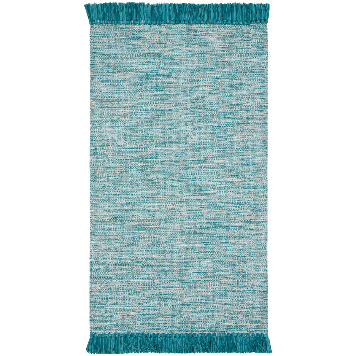 This compact aqua rug mixes pale and deep turquoise threads with tassels at both ends.