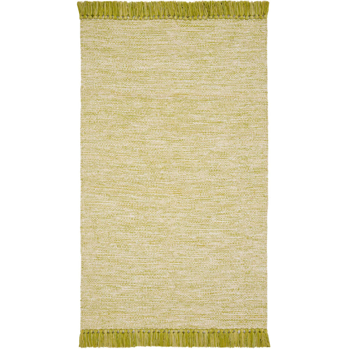 This compact olive-and-ivory rug combines delicate striations with tassels at both ends.