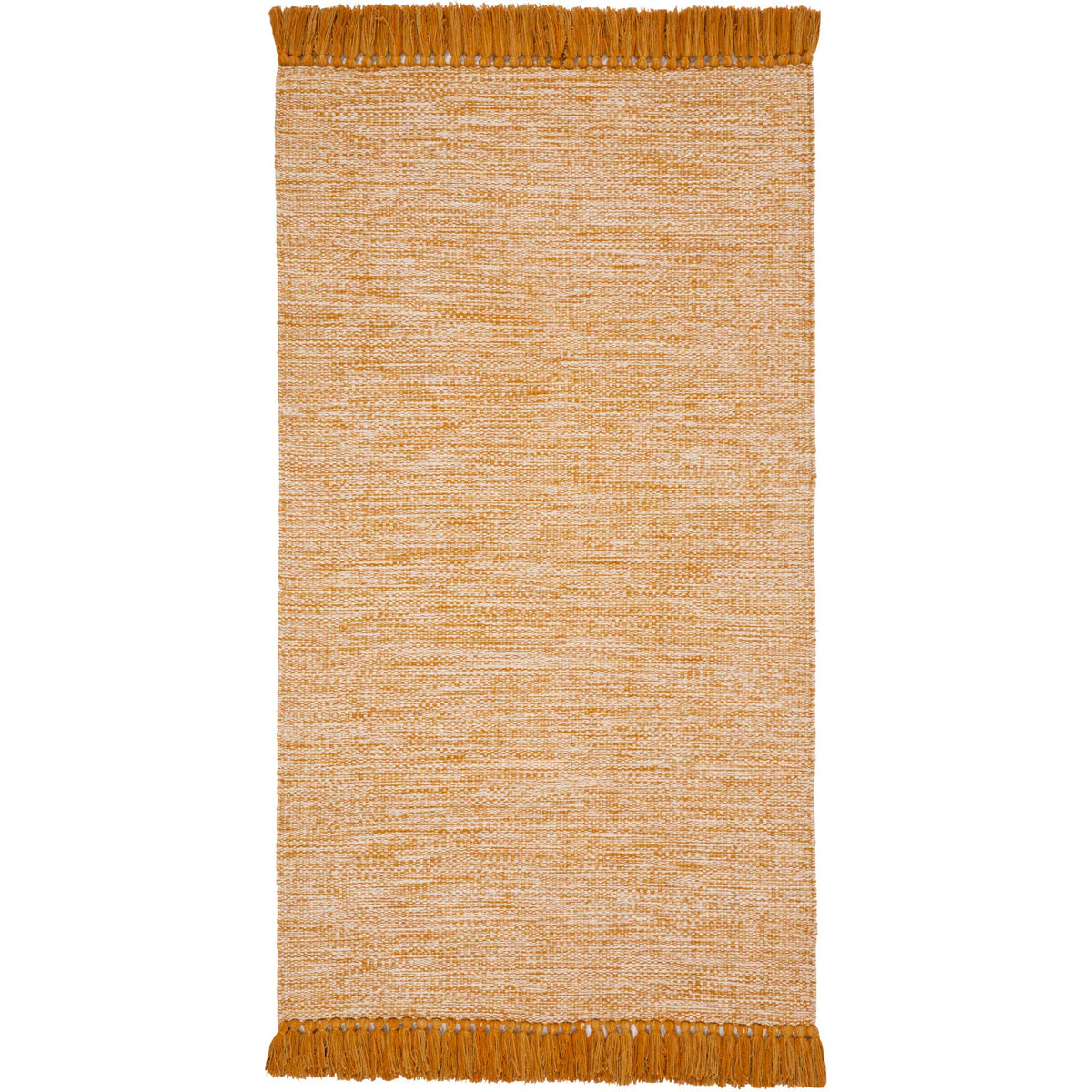 A compact gold-and-ivory cotton rug pairs a gently mottled weave with long tassel fringe.