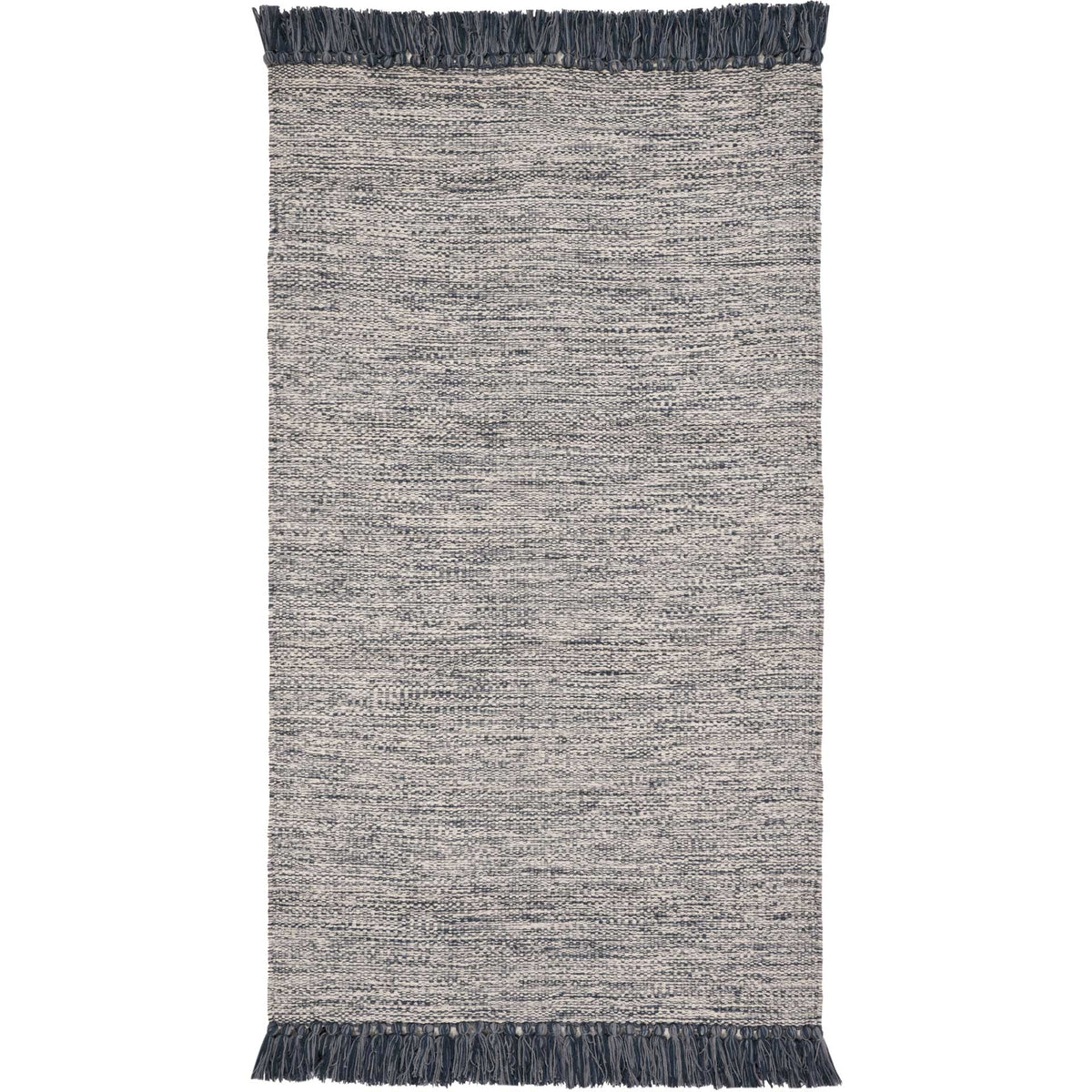 A compact gray rug shows a fine, uneven woven texture and dark fringe along each short end.