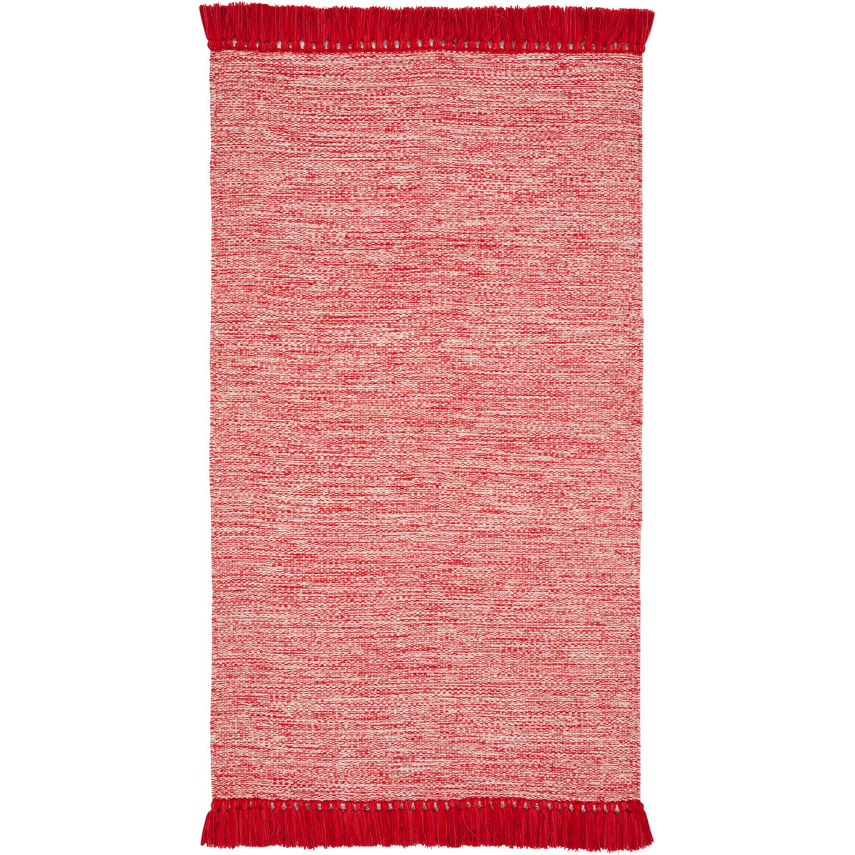 This compact red-and-ivory woven rug is framed by bright tassels at both ends.