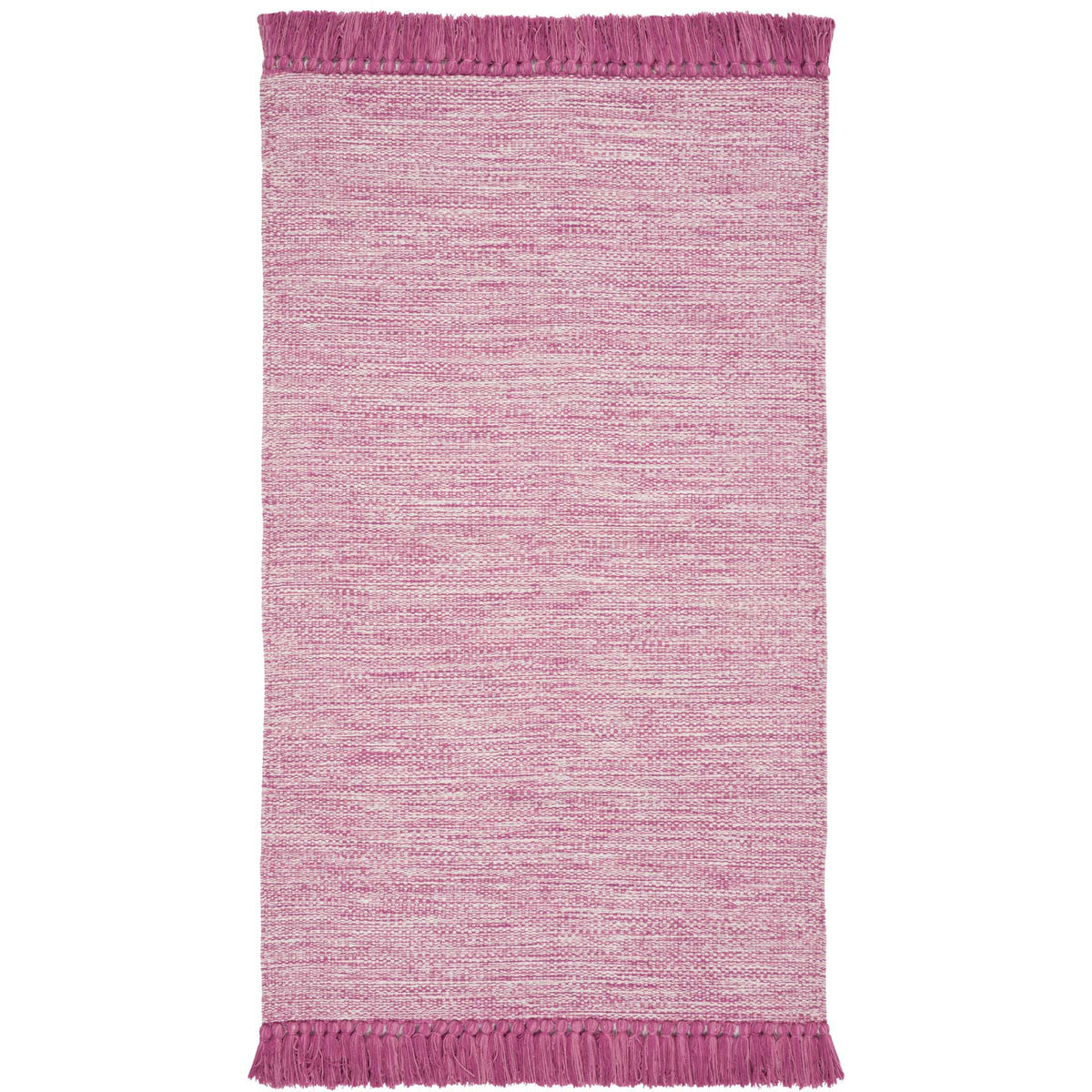 This compact pink rug features softly mottled cotton threads and tassels on both short ends.