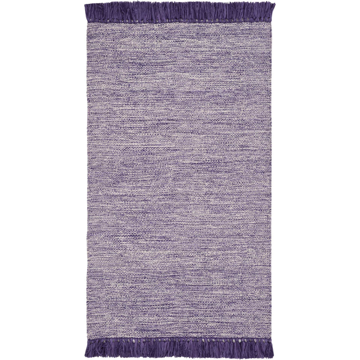 This compact lavender-and-purple rug pairs a gently mottled weave with rich tassel fringe.