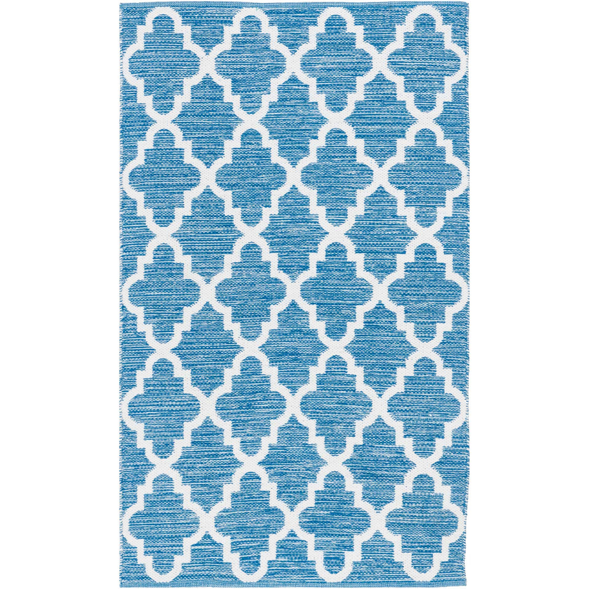 A compact blue and ivory rug pairs bold trellis patterning with a slim, handwoven profile.