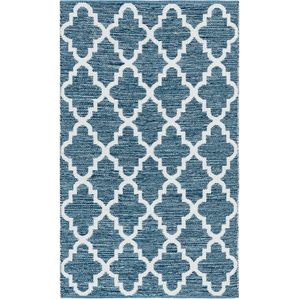 A compact navy and ivory rug pairs a bold trellis pattern with a low-profile weave.