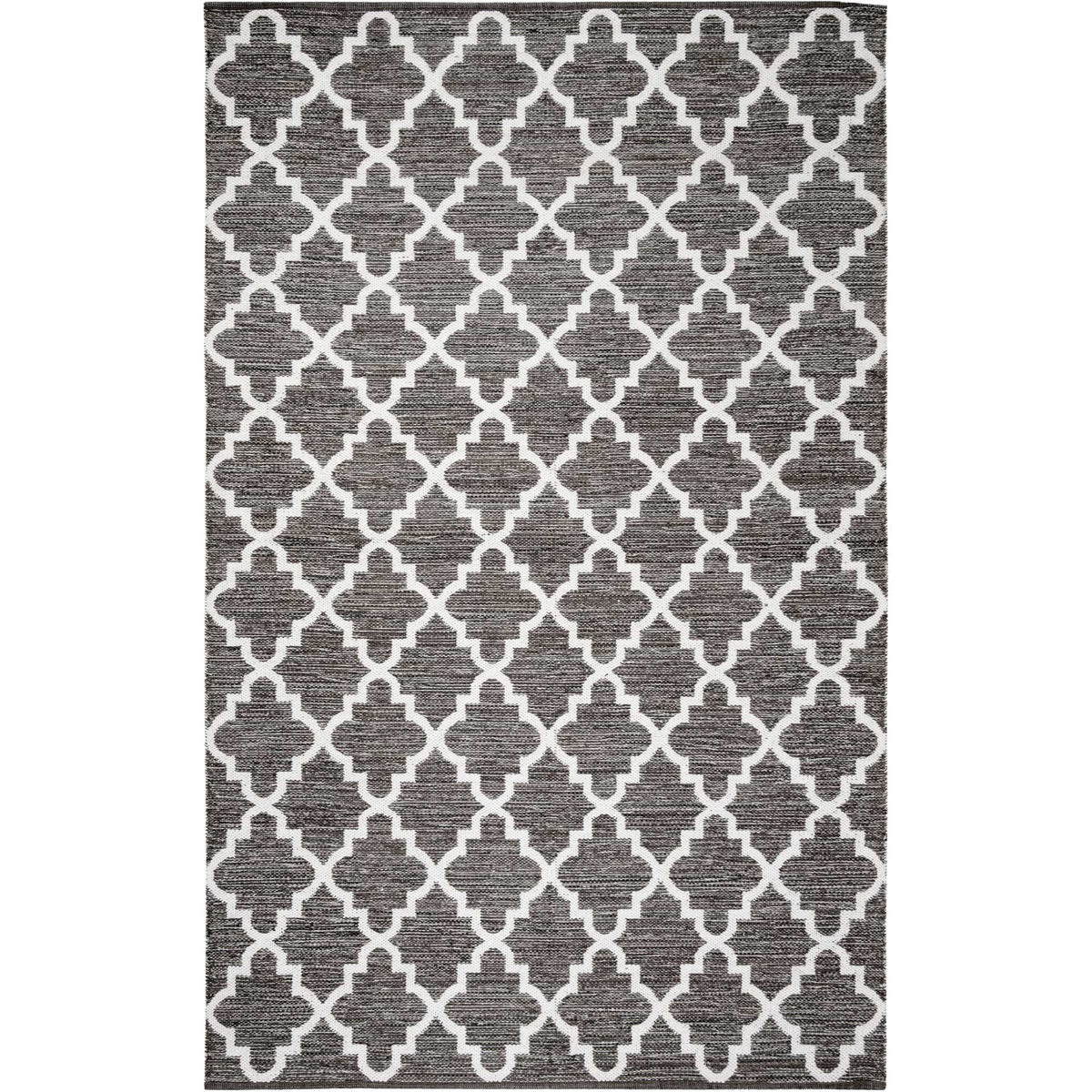 An ivory trellis breaks up the charcoal weave with crisp, repeating geometric shapes.