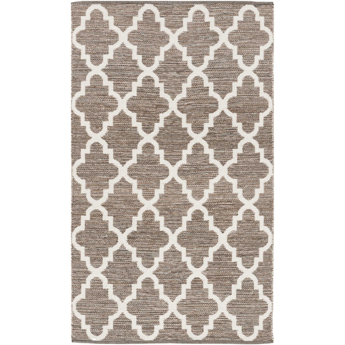 A compact beige and ivory rug layers classic quatrefoil motifs over textured cotton-blend yarns.