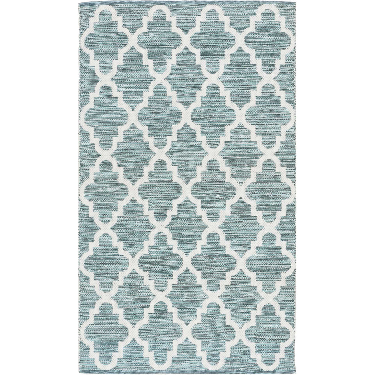 A compact mint and ivory rug adds gentle color and repeating quatrefoil charm.