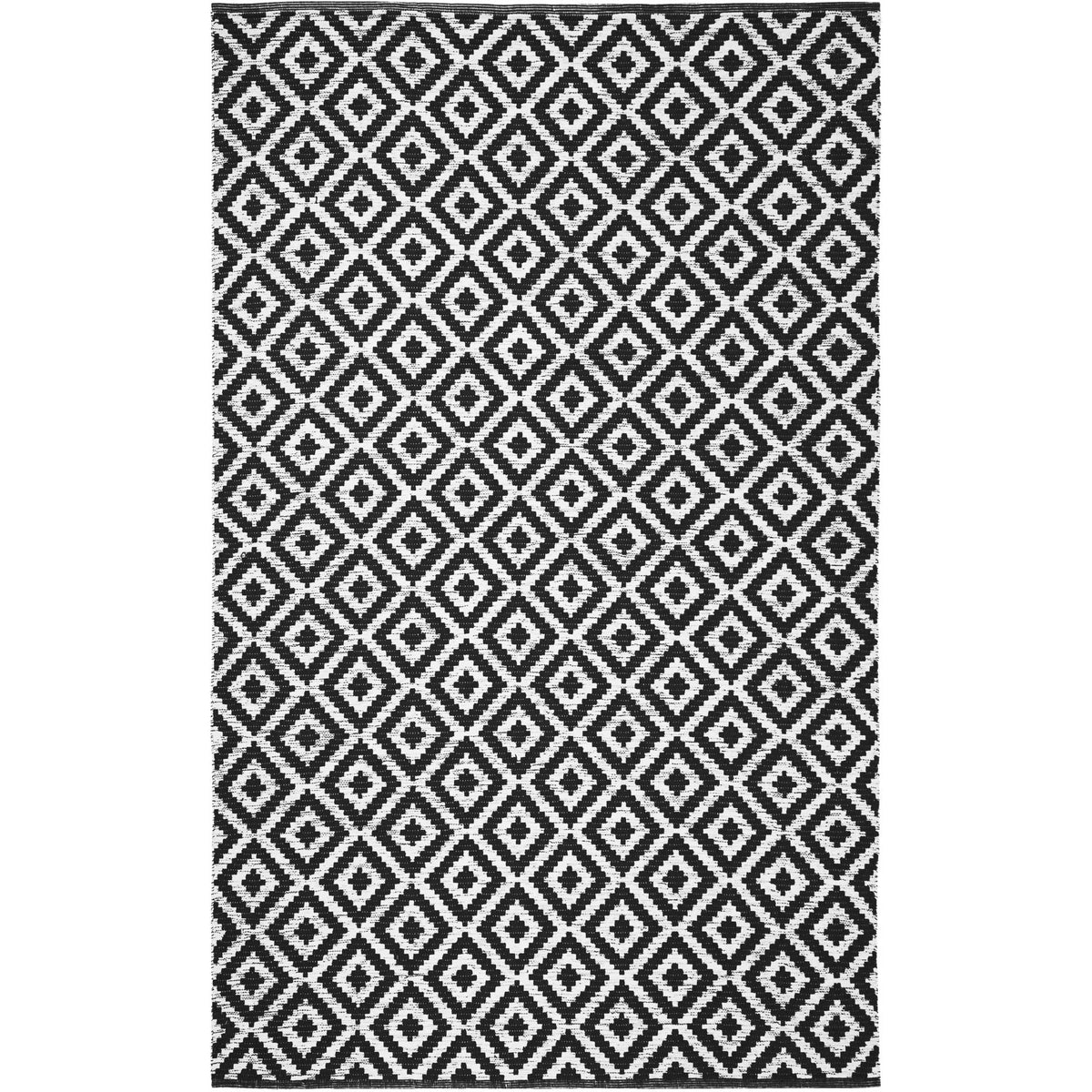 Bold black diamonds repeat across ivory cotton for a striking geometric design.