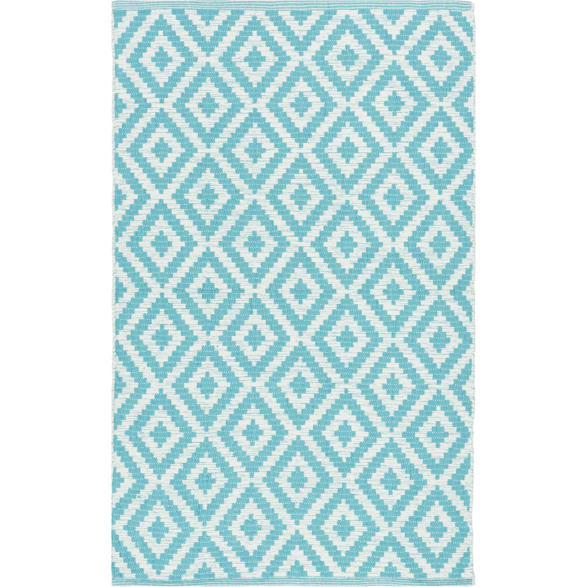 Oversized light blue diamonds create a playful pattern on a compact ivory cotton rug.