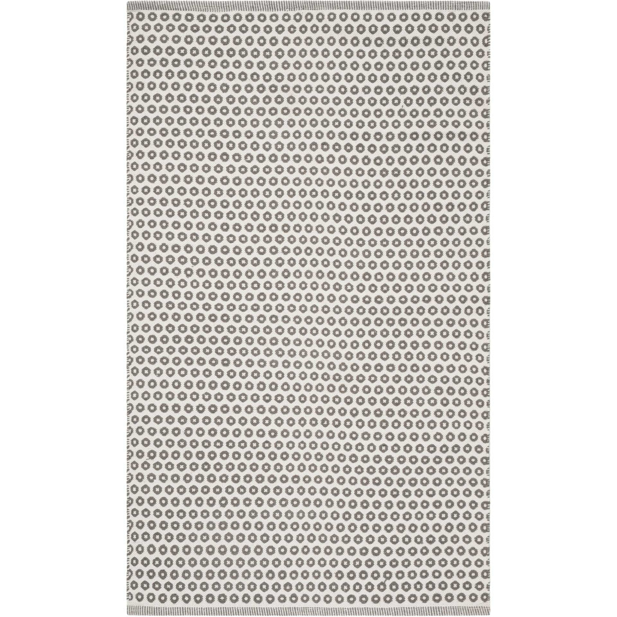 Gray and ivory cotton rug with a dense field of looped circles and a narrow finished edge