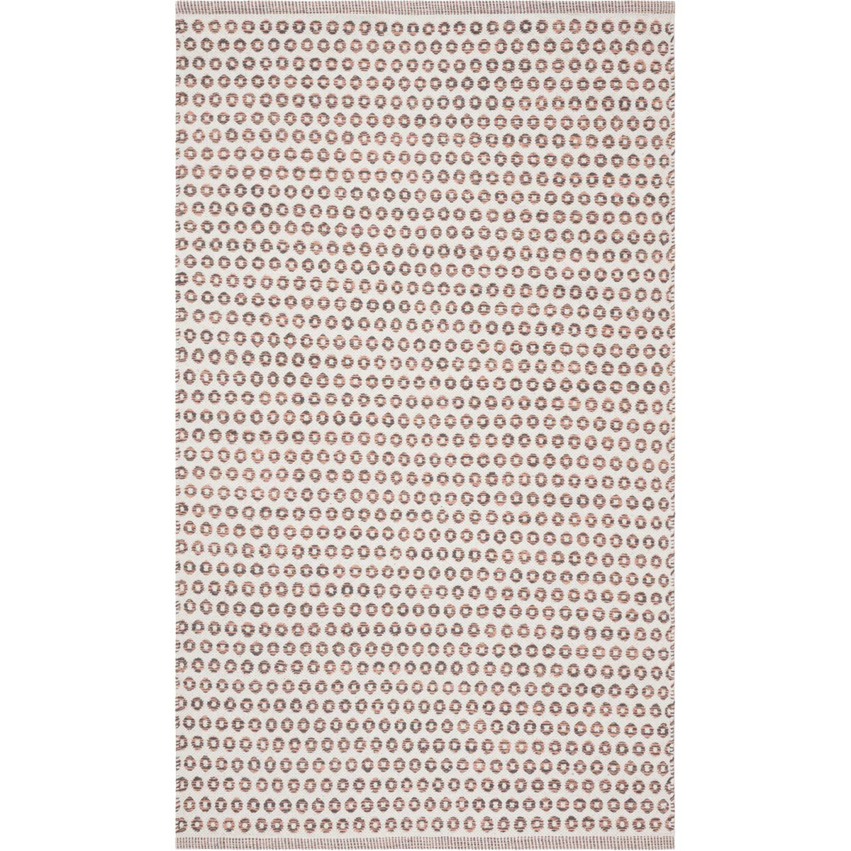 A compact ivory rug features peach and charcoal circles in closely spaced rows