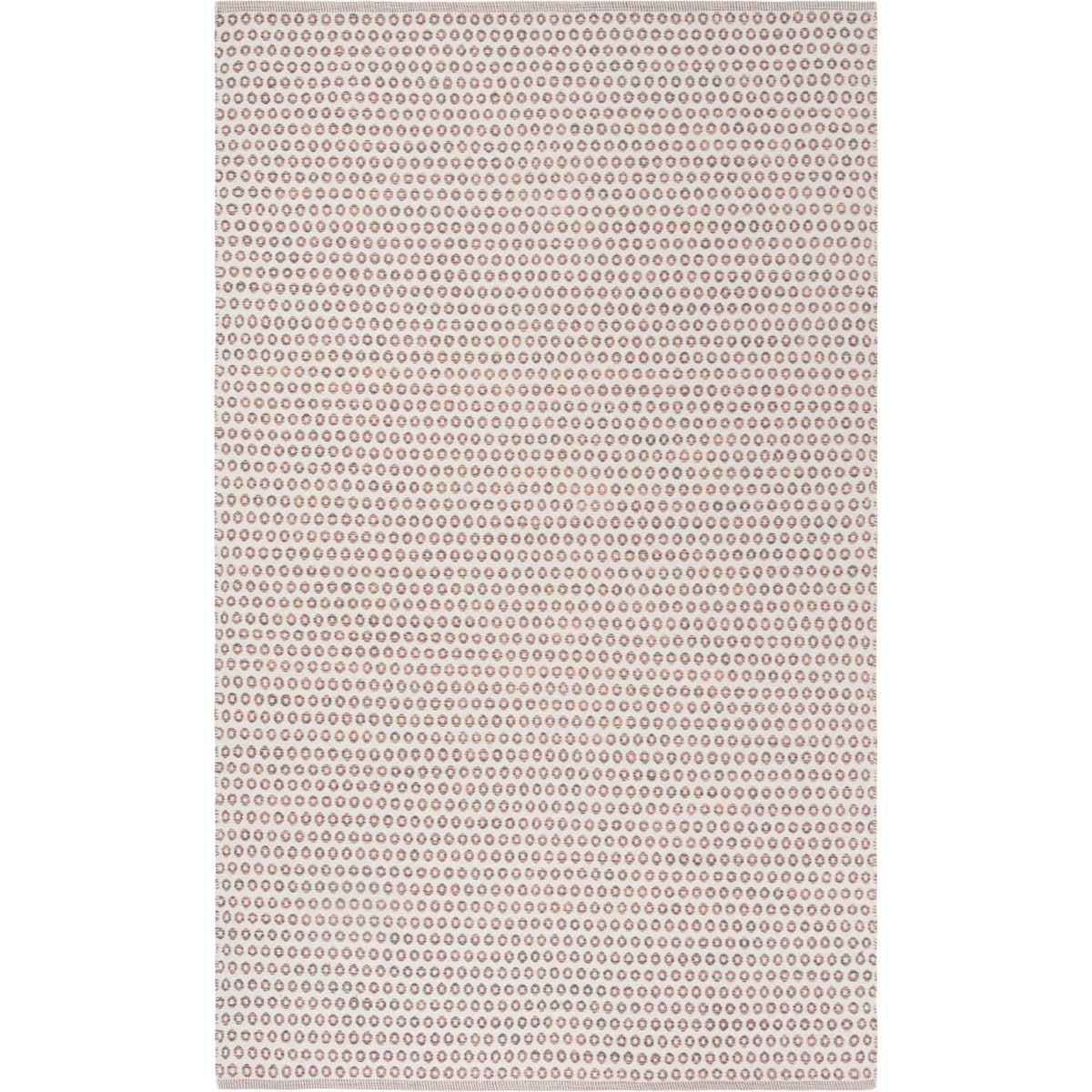 Peach and charcoal circular motifs cover this ivory rug in an even, eye-catching grid