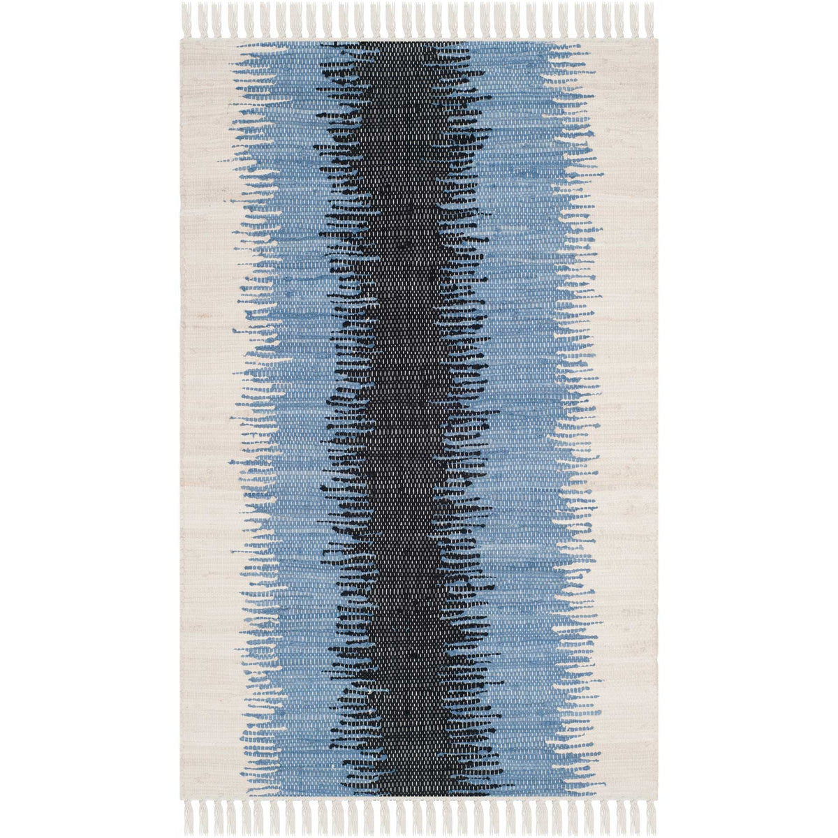 Compact accent rug pairs inky black and blue brushstrokes with a pale weave and knotted fringe.
