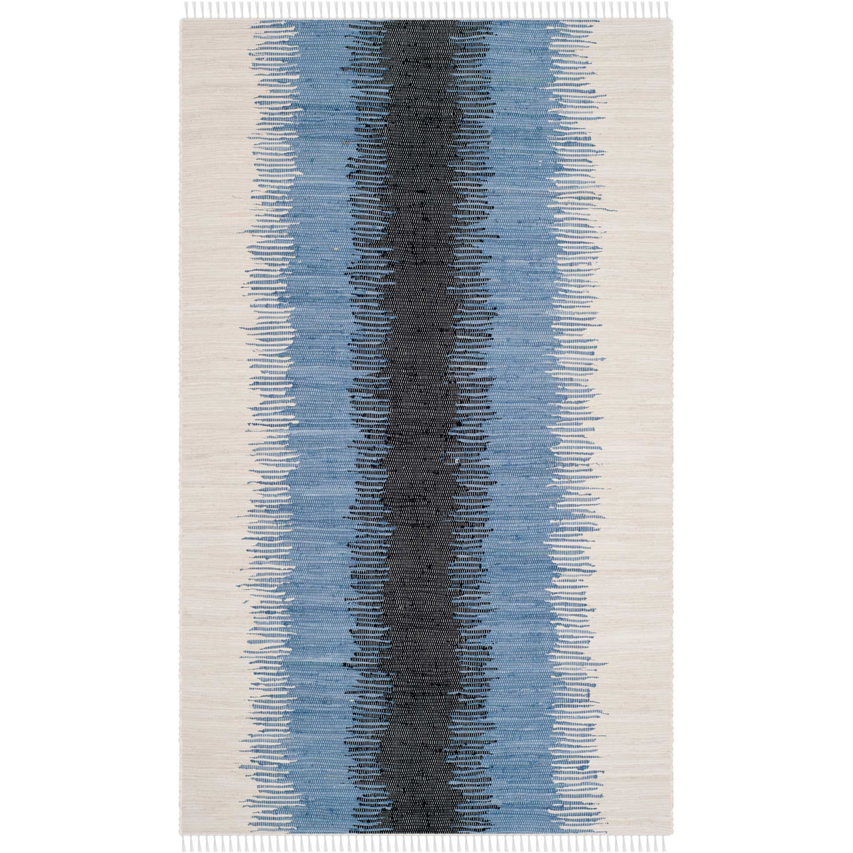 Blue and charcoal strokes run the length of this textured cotton rug with fringed ends.