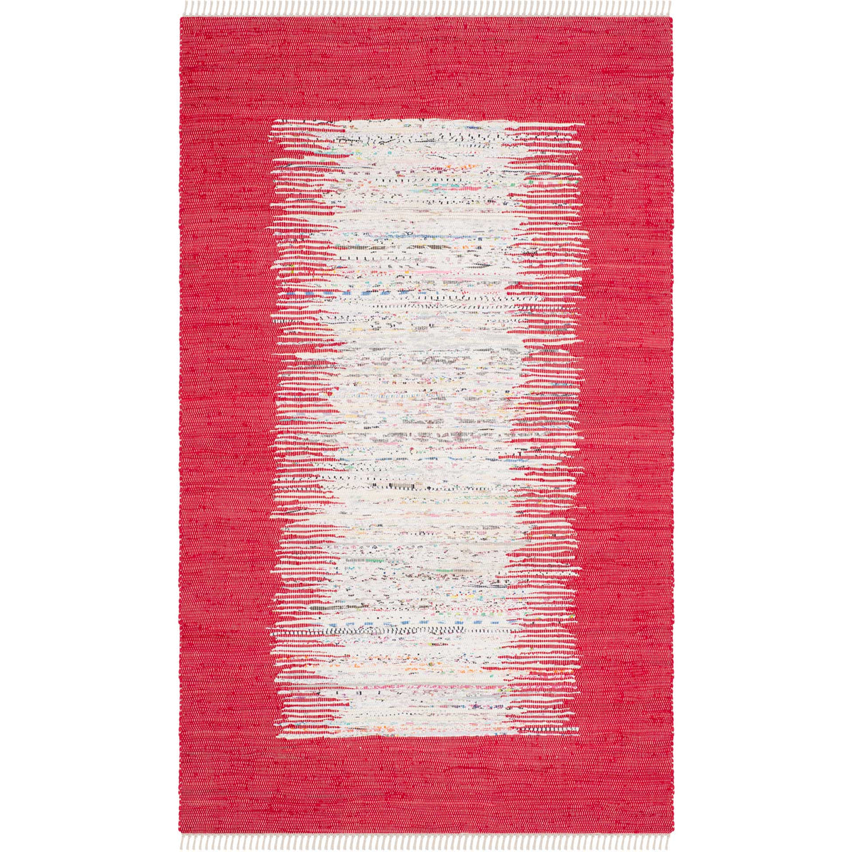 A 5' x 8' woven cotton rug sets an ivory brushstroke center against a vibrant red ground.