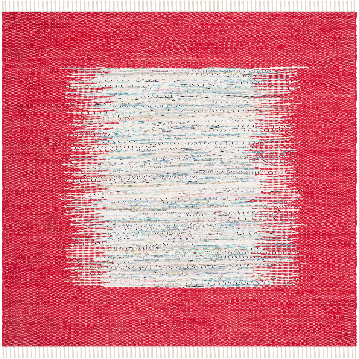 A 6' square rug pairs a saturated red border with a soft ivory center and pale fringed ends.