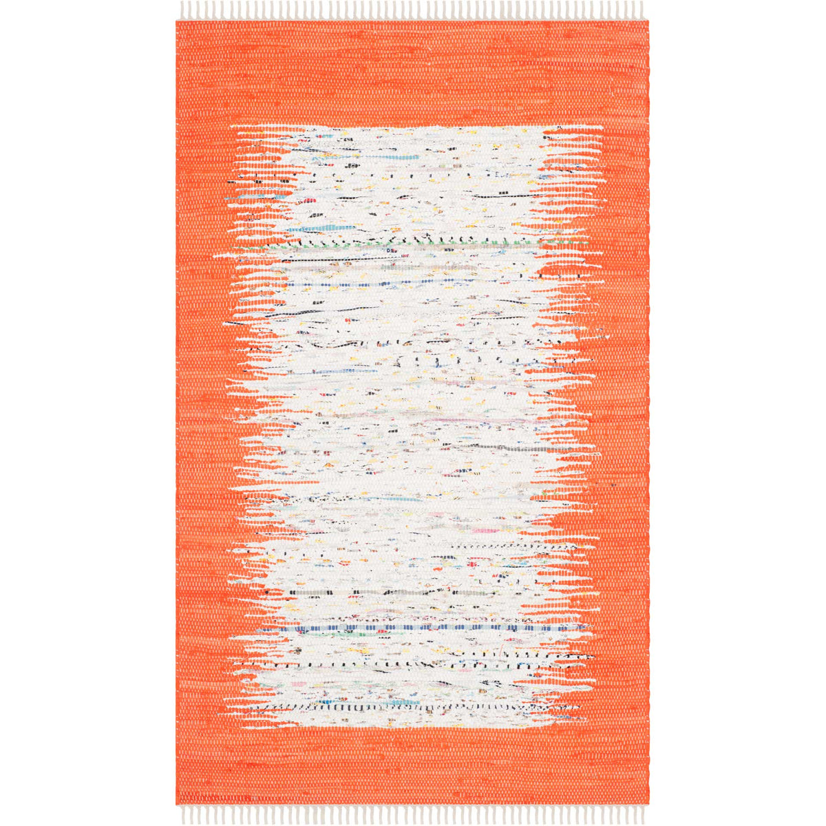A 3' x 5' cotton rug sets a color-flecked ivory center against a vivid orange woven field.