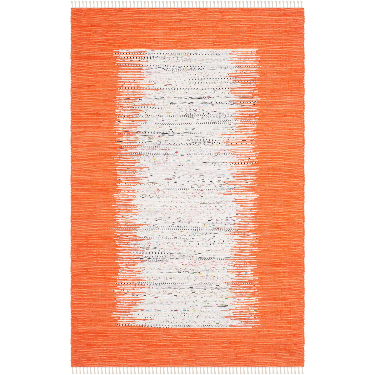 A 5' x 8' rug balances a lively orange border with narrow ivory brushstrokes and fine end fringe.