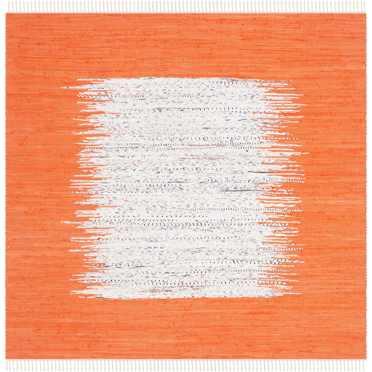 A 6' square orange rug features a soft ivory center, irregular woven transitions, and white fringe.