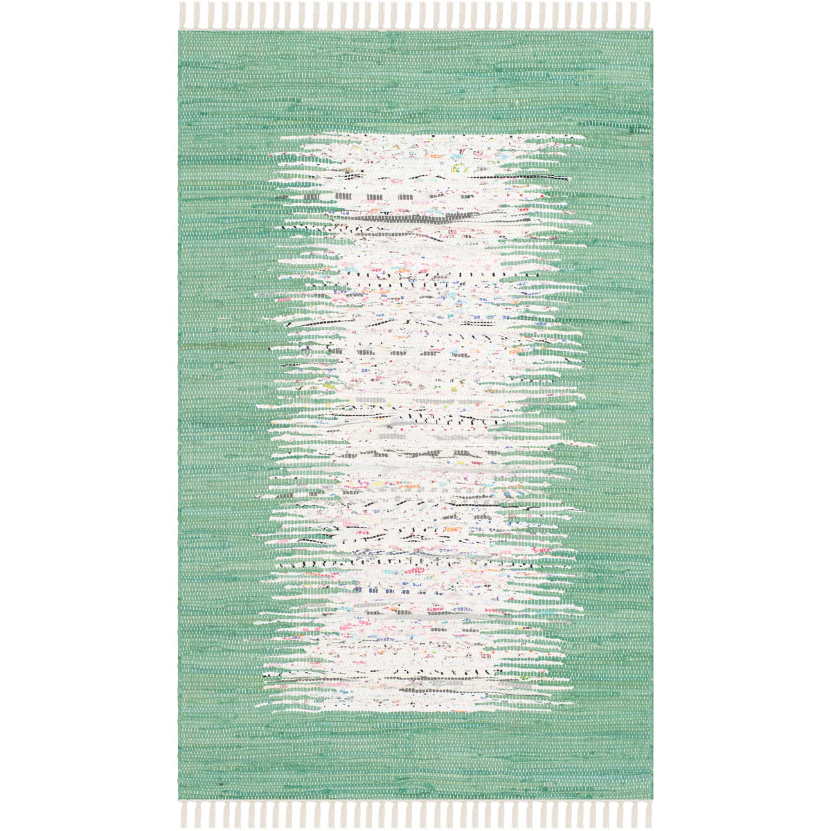 A 3' x 5' sea green rug features an ivory center dotted with color and soft fringe at both ends.