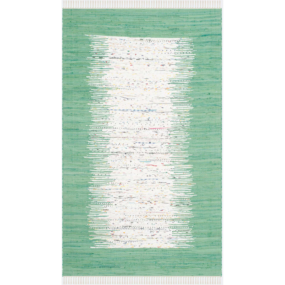 A 5' x 8' cotton rug pairs softly broken ivory strokes with a sea green border and fringed ends.