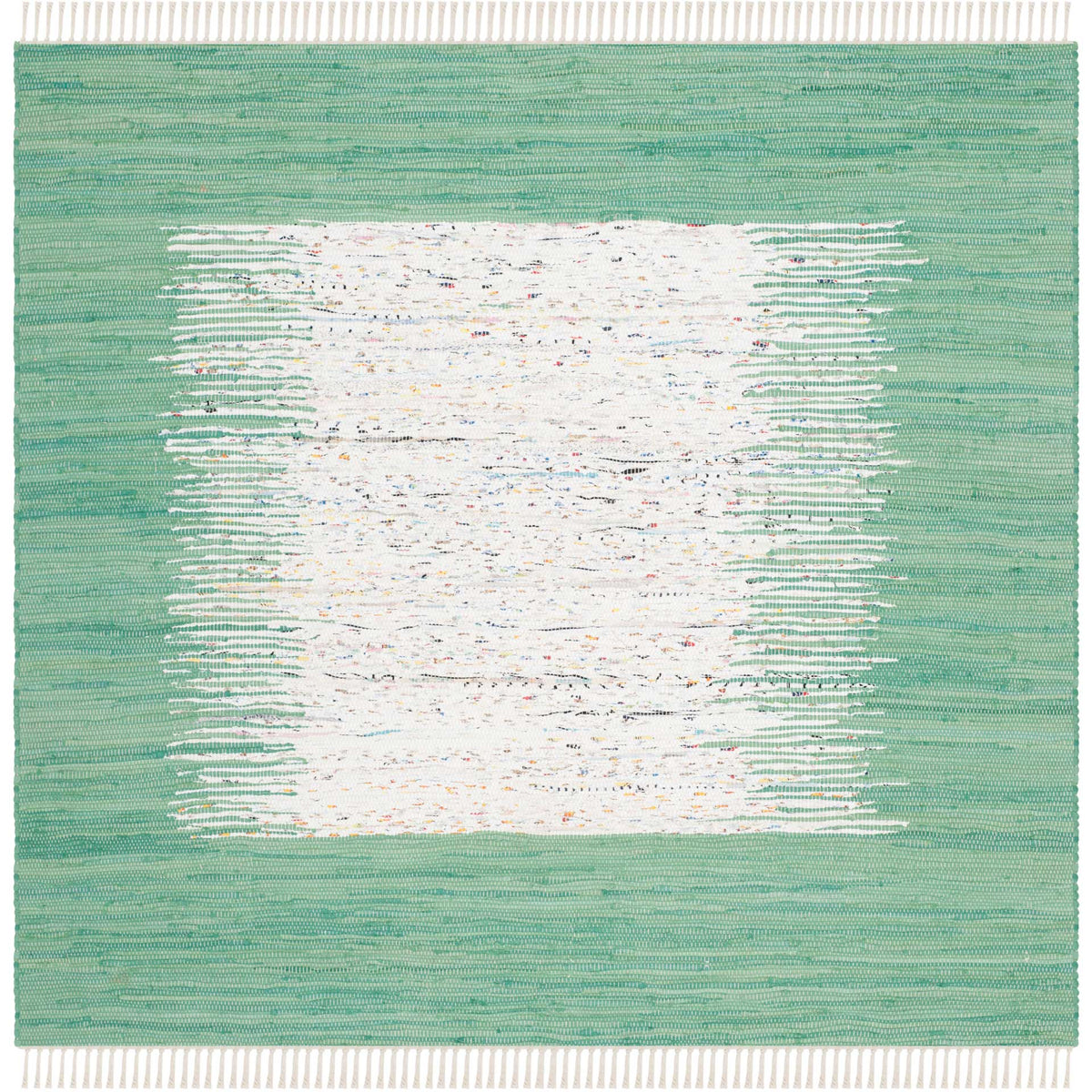 A 6' square sea green rug balances an ivory abstract center with a wide woven frame and pale fringe.