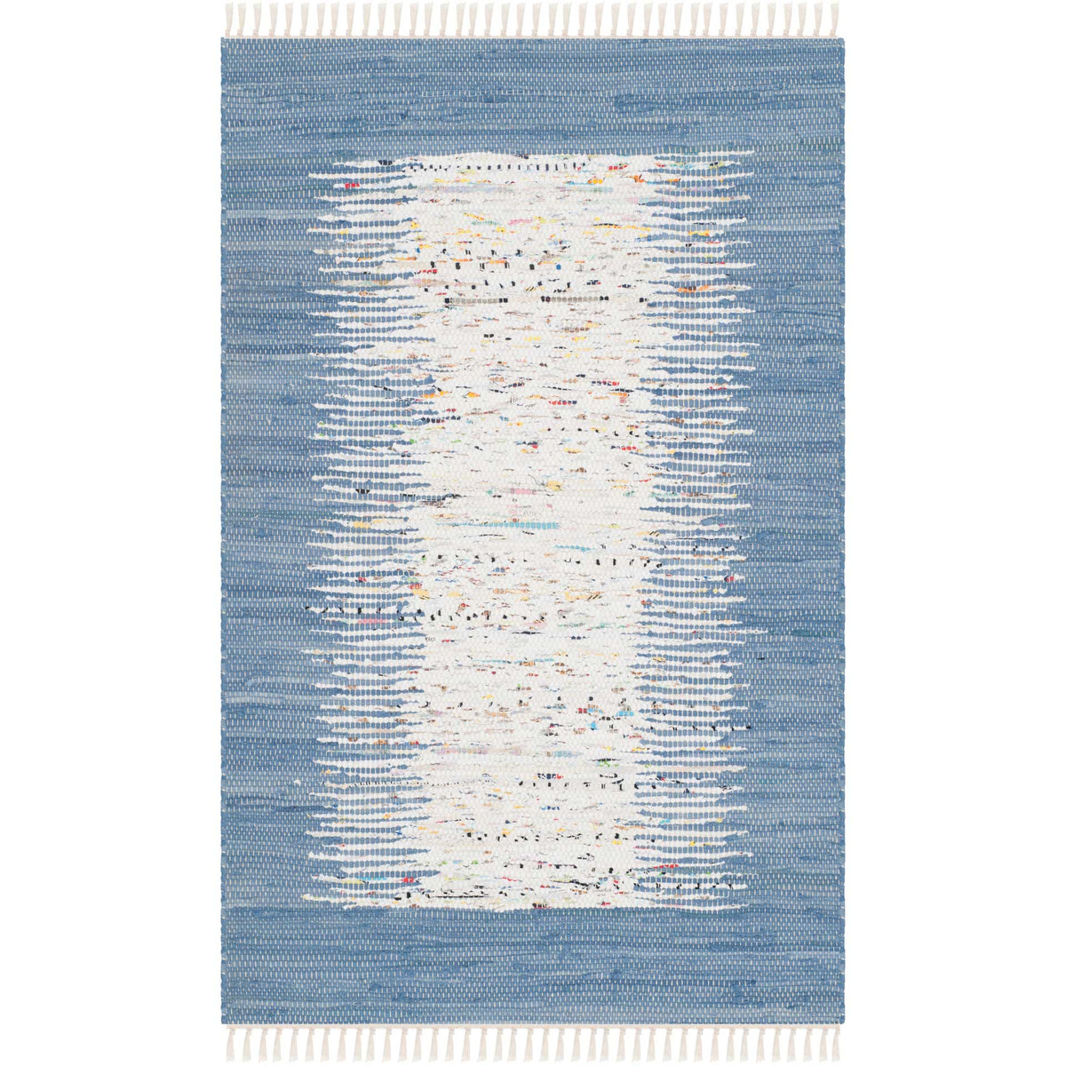 This compact blue and ivory rug adds subtle multicolored flecks and fringe to a painterly cotton weave.