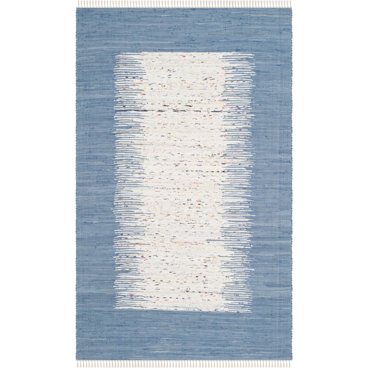 A 6' x 9' handwoven rug balances a textured blue border with an ivory center and pale fringe. || MTK711E-6 || top_studio