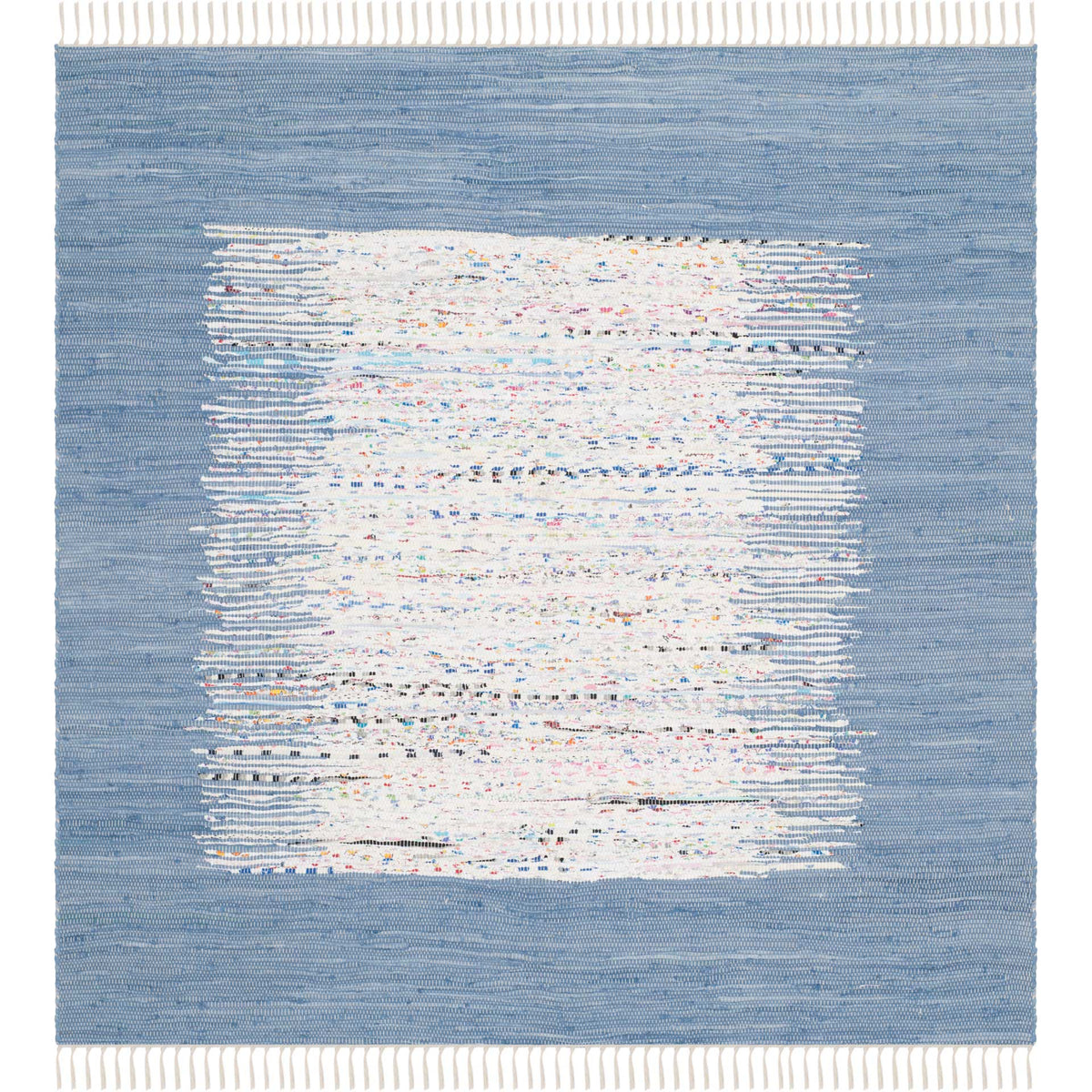 A 6' square cotton rug brings a soft blue frame and feathery ivory center to a balanced, fringed design.