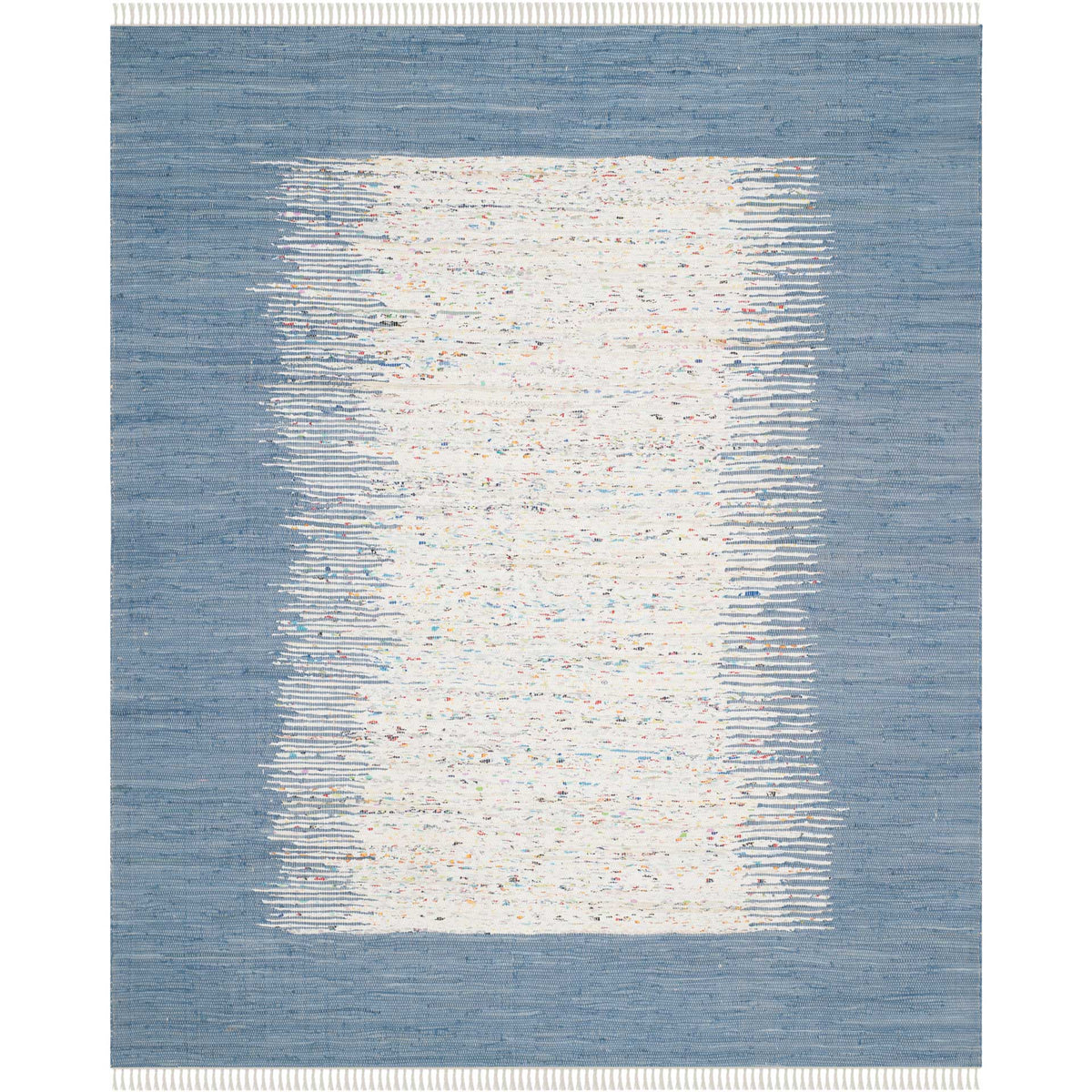 A 9' x 12' cotton rug pairs a flecked ivory center with a soft blue frame and short end fringe. || MTK711E-9 || top_studio