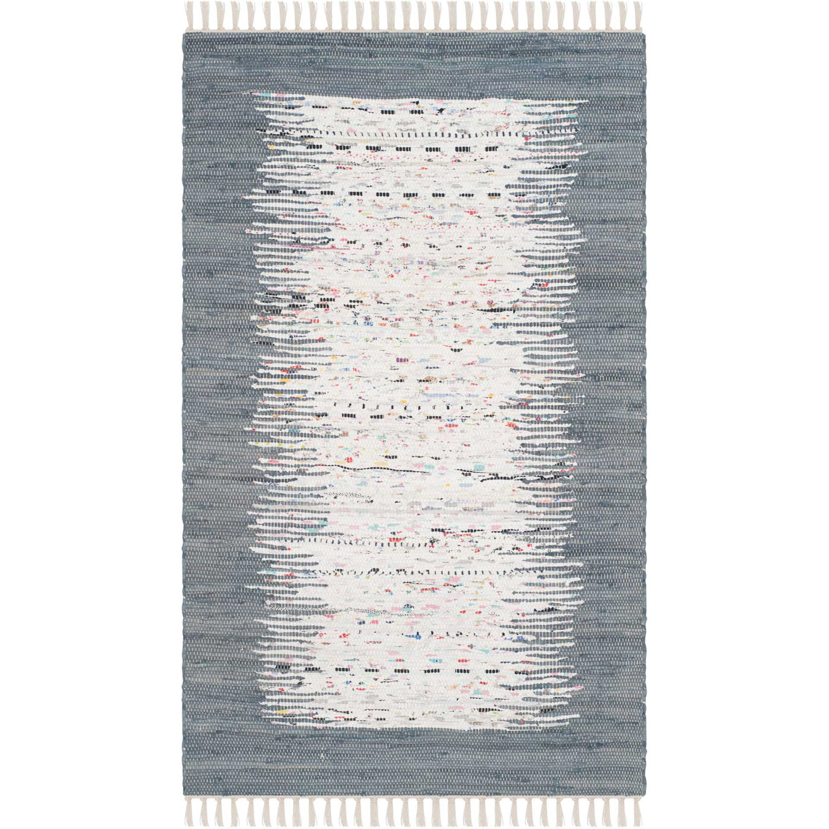 A compact gray and ivory cotton rug brings abstract, color-flecked stripes and tasseled ends to the floor.