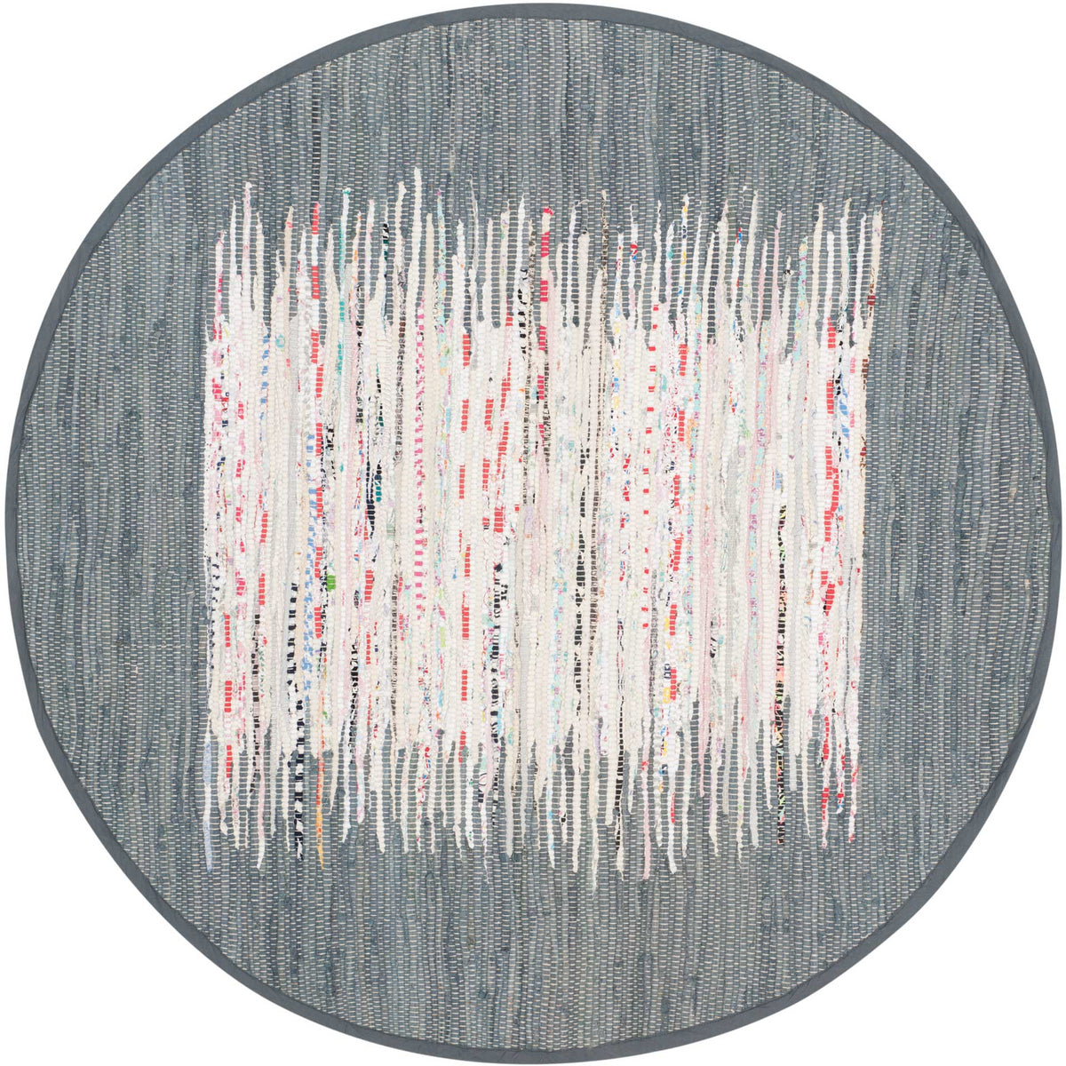 A round gray rug pairs a streaked ivory center with scattered colorful threads || MTK711G-4R || top_studio