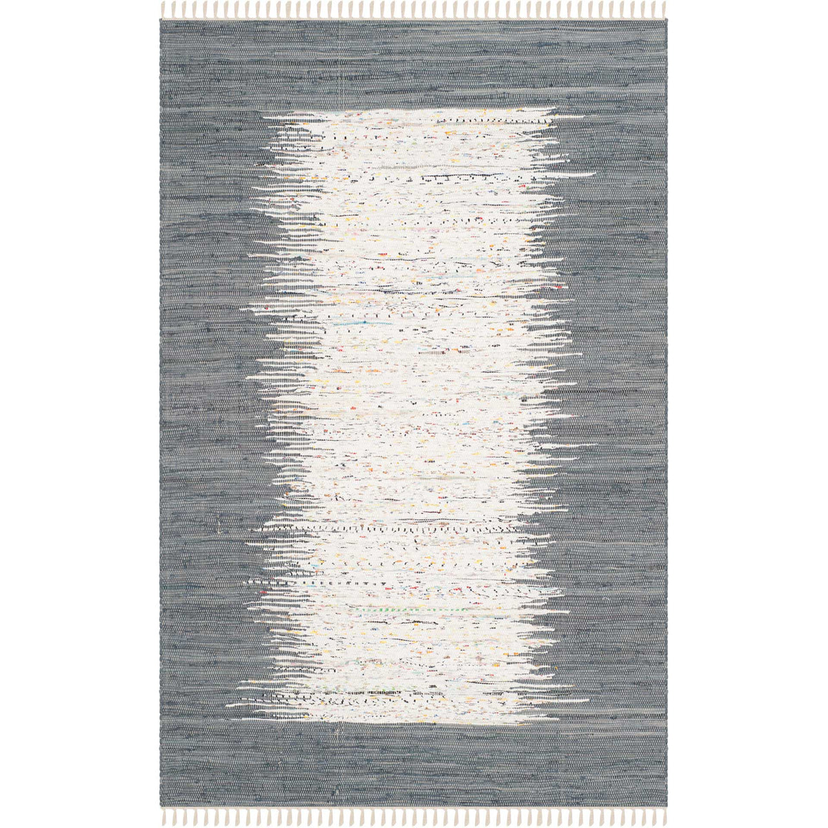 A 5' x 8' cotton rug features a feathery ivory center against a textured gray ground, with fringed ends. || MTK711G-5 || top_studio
