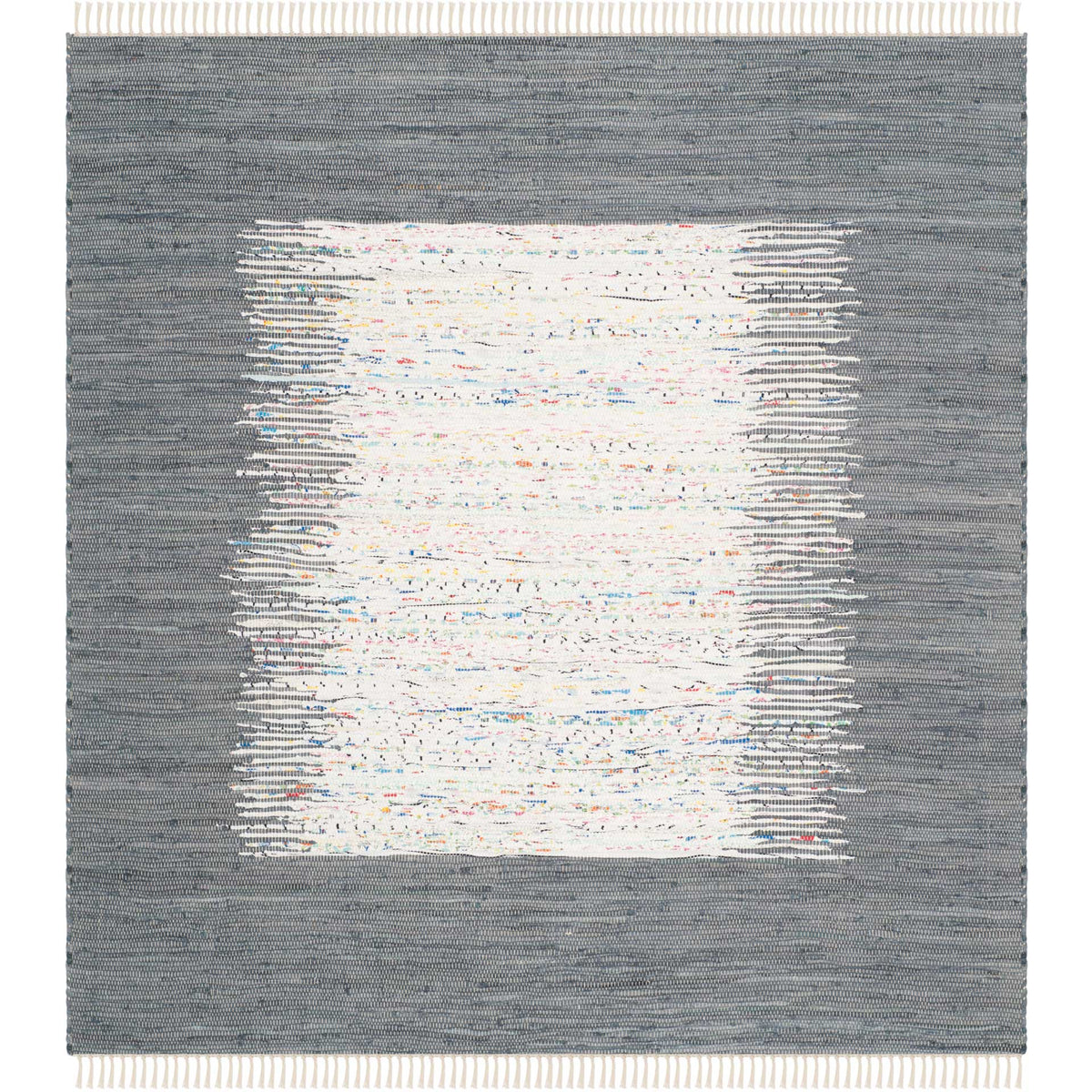 A 6' square gray cotton rug frames an ivory brushstroke center with tiny colorful flecks and fringe. || MTK711G-6SQ || top_studio
